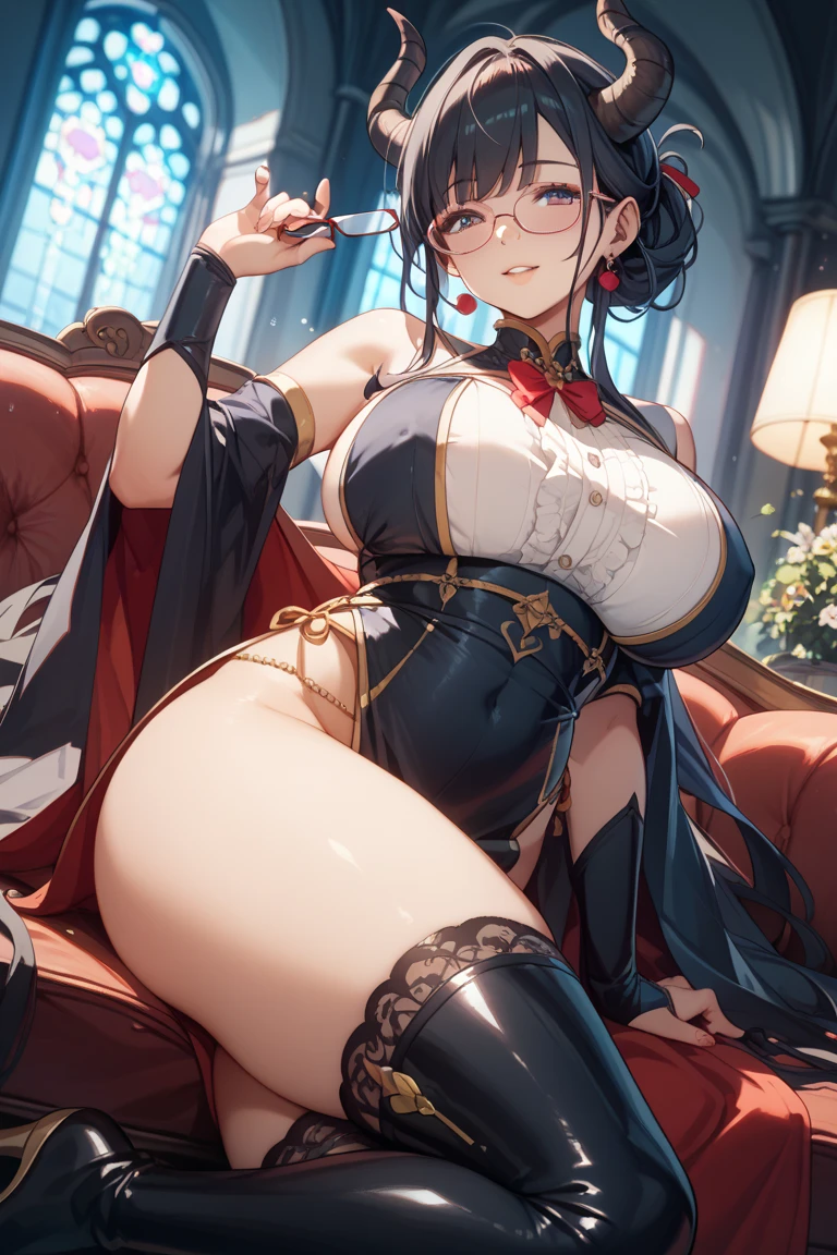 ((Highest quality)),(8k),((Anime illustration)) ,【One Girl,One boy)(1penis),((hand job)),Red moonlit night、sitting on the couch in the club,Beautiful night view, ((NSFW)),((Black-haired Cleopatra)),(Red glowing eyes),(Good elevator),Beautiful black lingerie,(Wearing a blue cloak),(Mini tight skirt),((Gorgeous big breasts shining)),((Showing nipples)),Lace Top Stockings,Knee-high boots,garter belt,Long satin gloves,(Laughing with your fingers),Sexy Body ((Her body is covered in lotion and semen)) Heart-shaped pupils