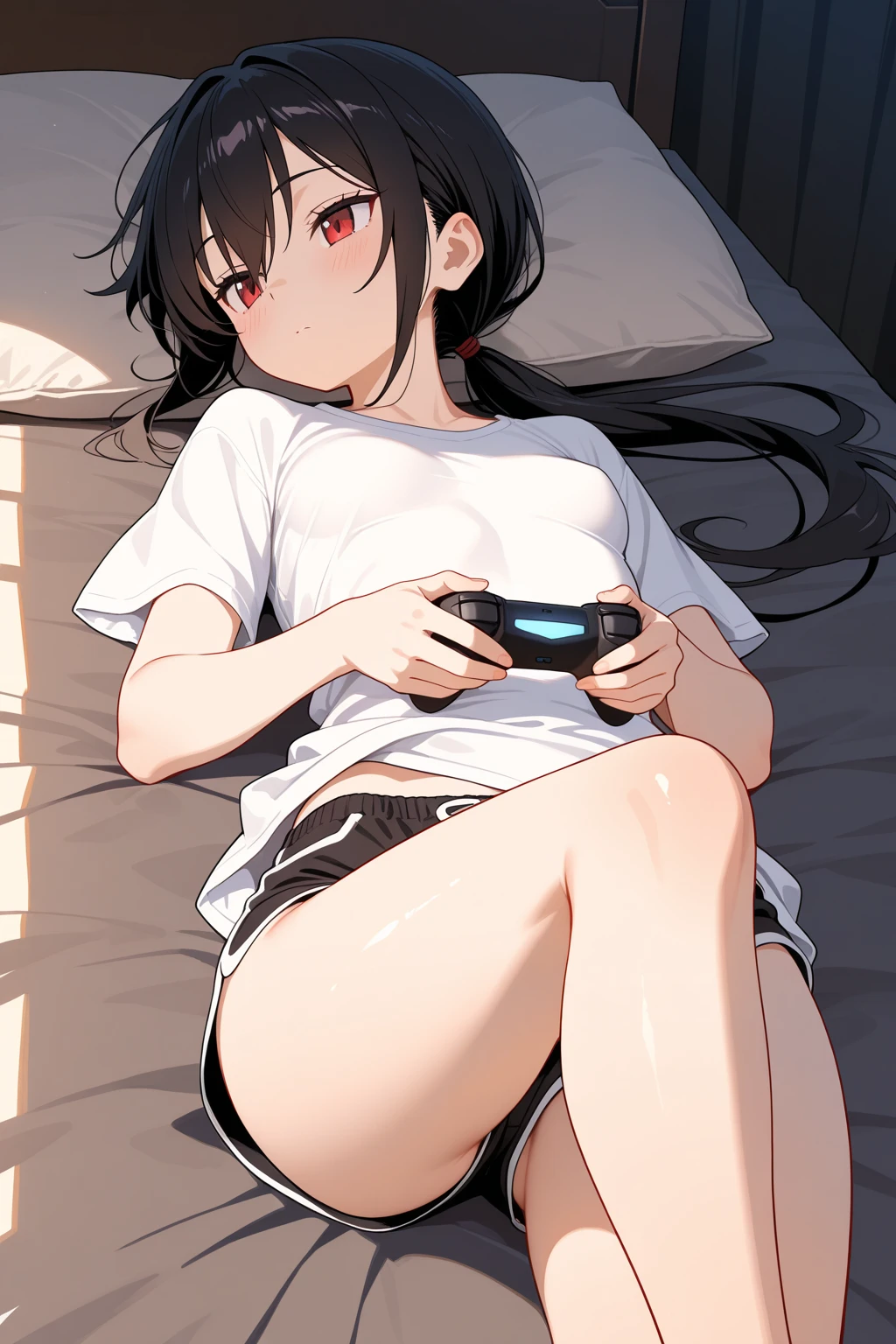 One Woman、beautiful girl、Sit on a chair、Dark Room、computer、Sit in a gaming chair、High-end headphones、Grip the game controller、Operate the controller、There are sweets on the table、computerに向き合う、beautiful girl, Highest quality, T-Shirts、Short skirt、Thick thighs、Big 、Big Ass、Black Hair、long hair、Bangs、Sweaty body、I'm sweating all over、Lewd sound effects、Stripes々Panties、Lower body is panties only、Playing 18+ games、Love juice on pants、Angle from directly below、Staring at the monitor