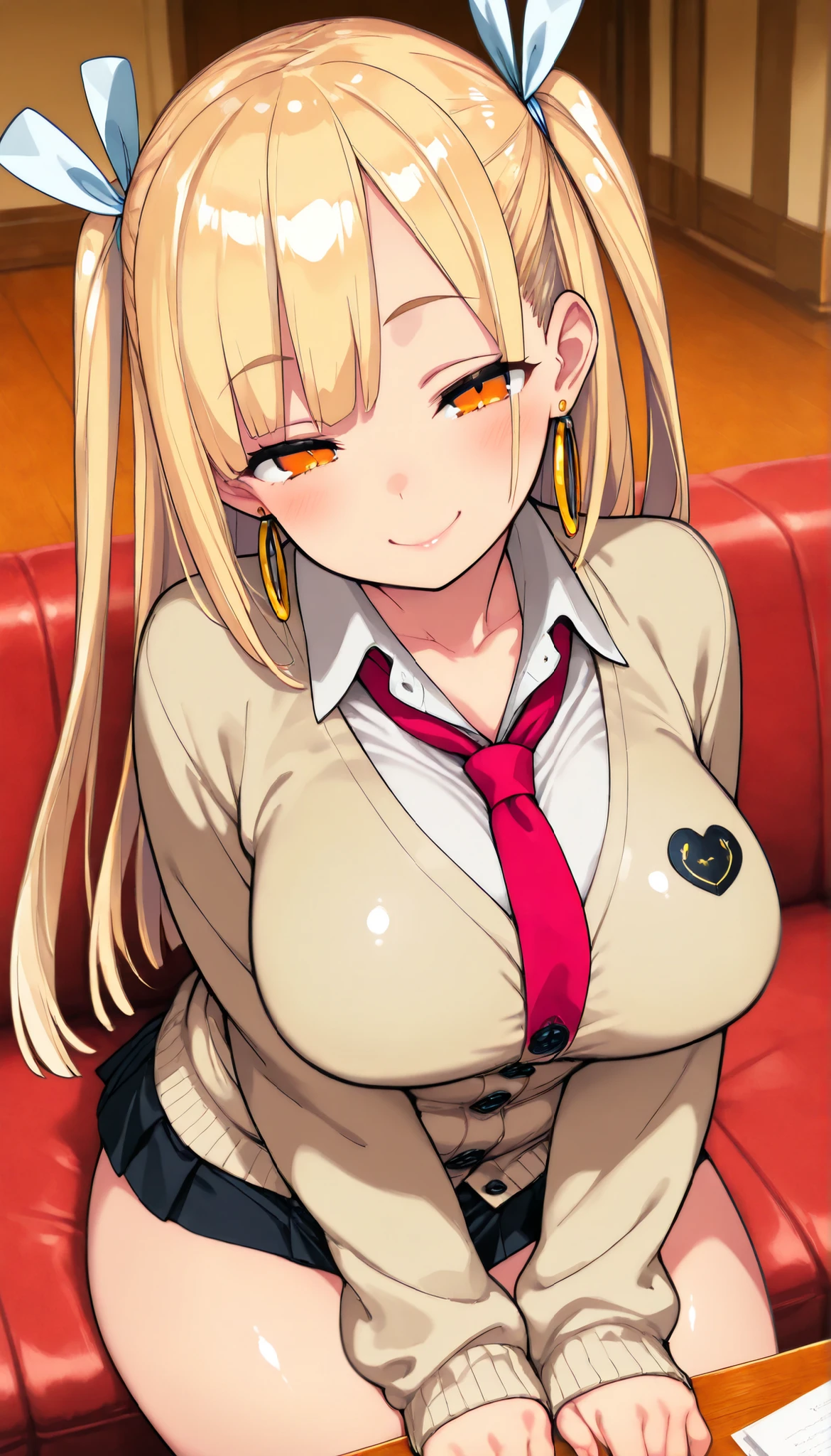 squatting, blue t-shirt, white short skirt, pink pants, (luxury livingroom background), Satellizer L. Bridget, takeda hiromitsu style, anime cels style, best quality, high resolution, (huge breasts:1.2), beautiful face, cowboy shot, blushing, smiling, (puple eyes), blonde hair, long hair, ponytail, blue eye, blue headband, semi rimless eyewear