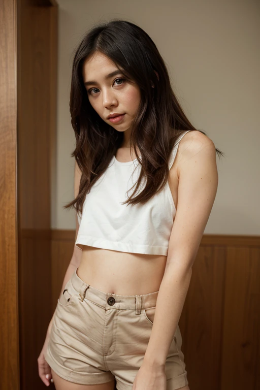 (High resolution、8k)、1 Female、21 year old pretty woman、(Panties with less fabric area:2)、(white、race、Tight tank top:1.2)、From the knee up、背筋を伸ばしてStanding、With a telephoto camera、She is looking at her boyfriend who is standing behind the camera.、(Big Breasts:1.2)、Thick and glossy lips、Gentle Eyes、Standing leaning against a light blue wall、(Standing:1.5)、belly button、(Light brown hair、Wolf Cut) 、barefoot、Very realistic、Tanned skin tone