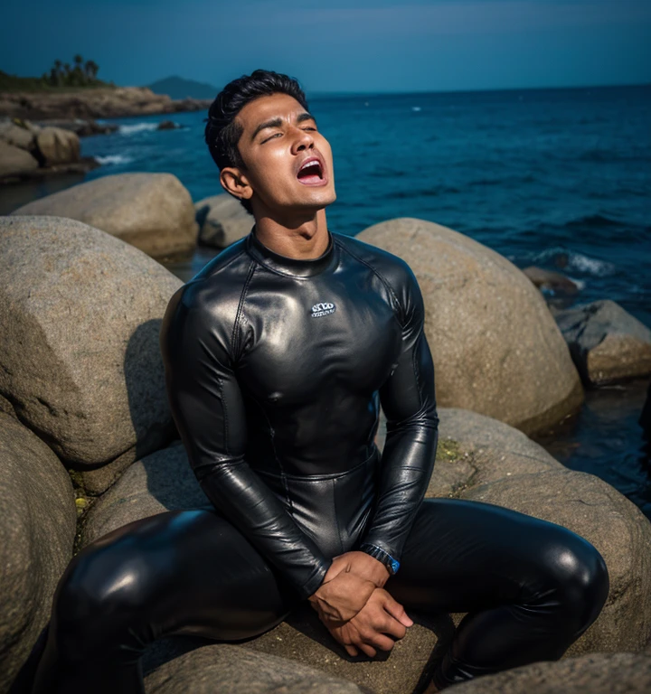 (masterpiece, 4K, ultra detailed), single, masculine, sunny, lake, realistic, two blogs haircut, medium length hair, dark brown hair, bangs in front of mask, shirtless, black hairy, muscular, lean, eight-pack, naked, hard penis, cumshot