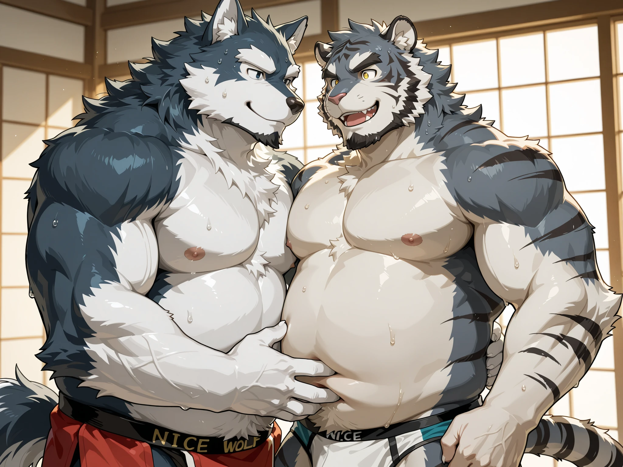 peludo,dos lobos, Male, pelaje gris con blanco, big eyebrows in black underwear staring at each other with marked crotch  (colas de lobo)