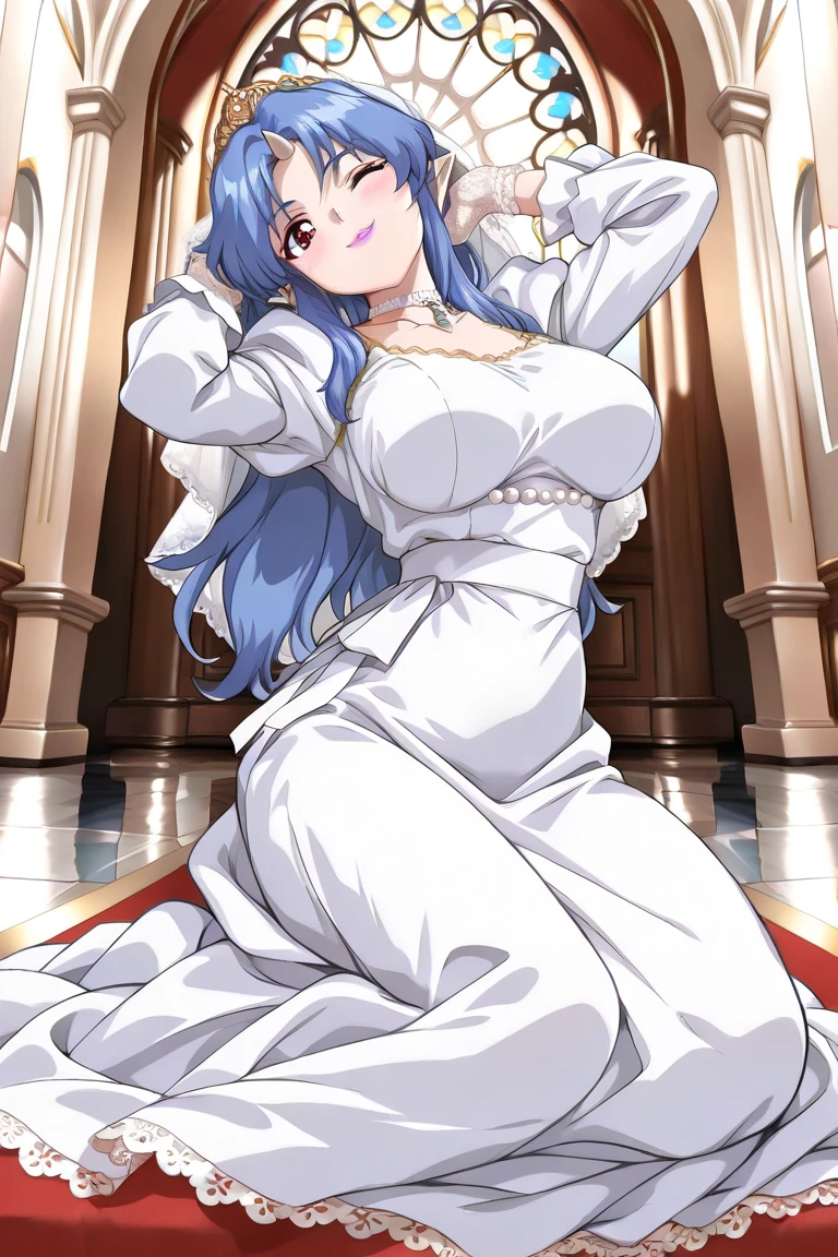 (highest quality:1.4), unreal engine,Are standing,white wedding dress,masterpiece, super resolution, very detailed, 1 female,big breasts, waist, thin, (muscular:0.8) blue hair,purple eyes , (cleavage,: 0.8) round chest, big breasts, (smile:1.1),in the bedroom