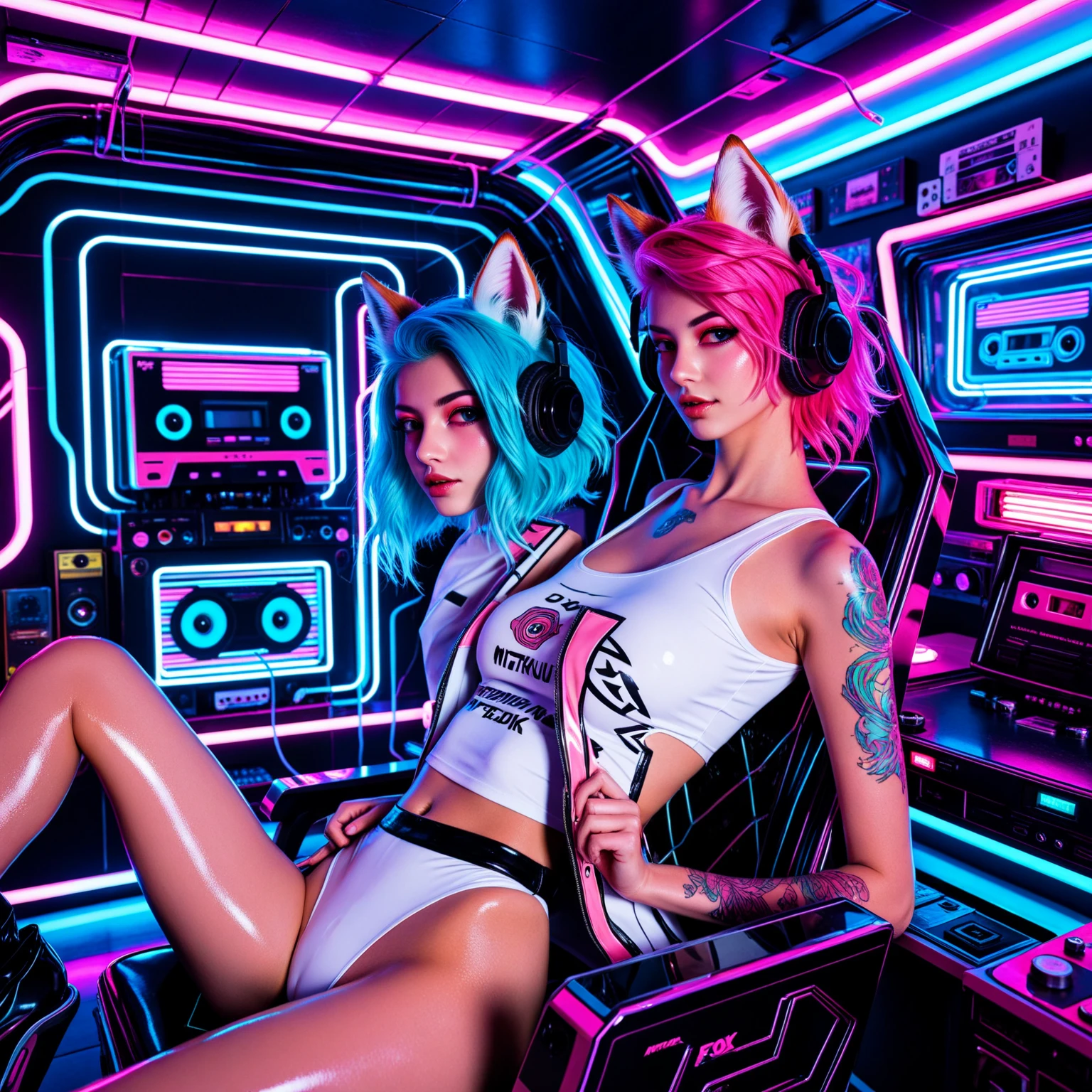 Two stunning women with hourglass figures, one with silver eyes and blue hair, the other with gold eyes and pink hair, in a futuristic space setting. They are wearing sexy, sci-fi-inspired outfits, smiling confidently. extremely Photo realistic, vibrant colors, 16k