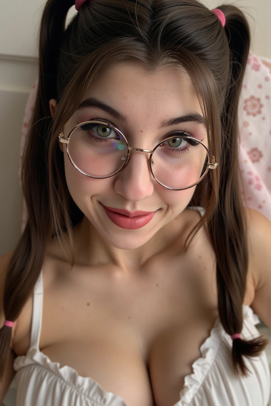 1 woman,Best quality, tmasterpiece, Long blonde hair, gorgeous, detailed eyes, glasses, extremely detailed, Visually inspect the audience, Mouth sticking out tongue,Face slightly red.,Shy,full bodybian,Adorable, white dresses sitting on your knees on the bed
