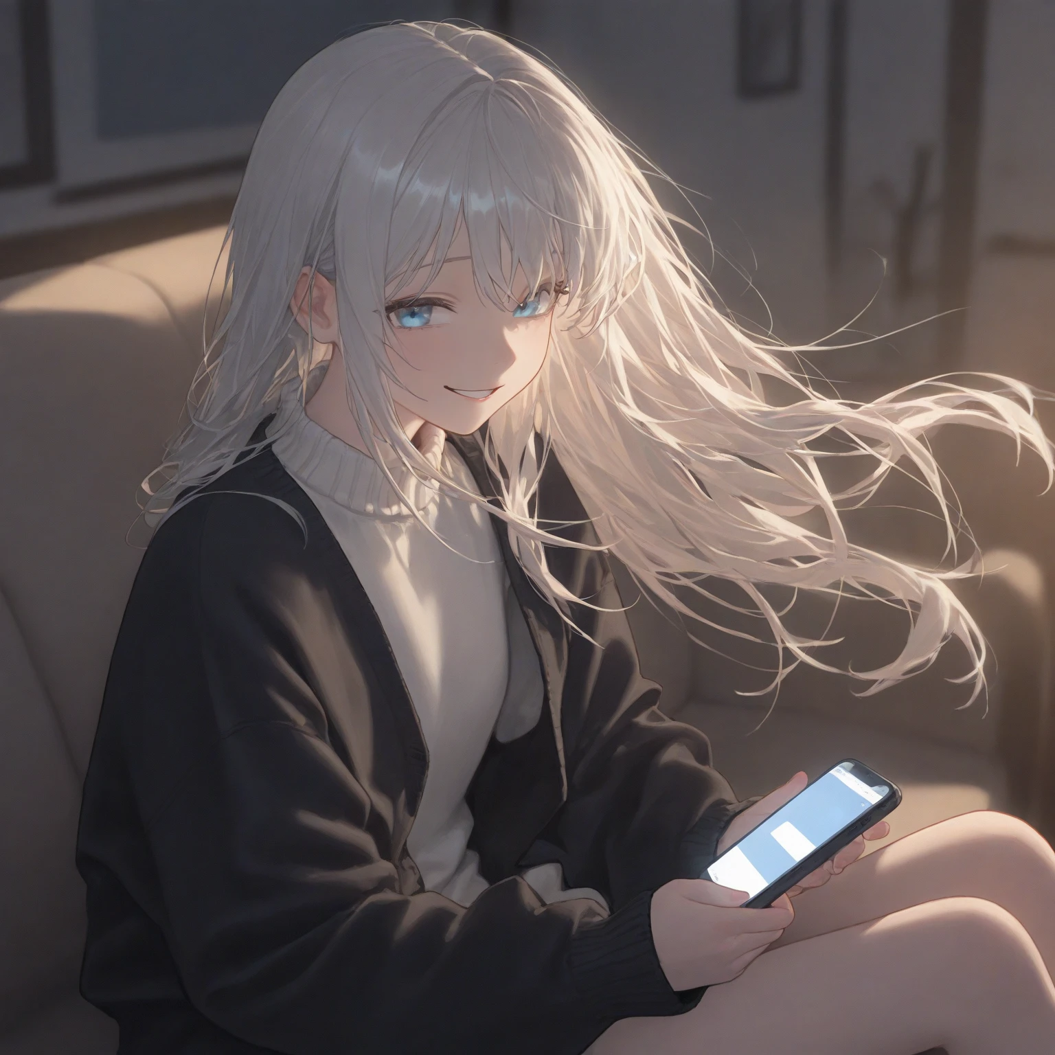 (Cute a girl:1.5),
(masterpiece:1.3), anime visual,pale puple long hair,blunt bangs hair,green eyes, (tilt head:1.3), extremely delicate face, soft clean focus, realistic lighting and shading, (an extremely delicate and beautiful art:1.3), elegant, (muted colors:1.1), small breast,morning lit,from front,The girl is staring intently at her smartphone, swirls in her eyes.