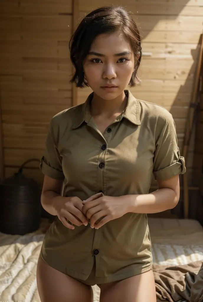 1girl, beautiful detailed female vietcong woman, young, vietnam, southeast asia, southeast asian face, voluptuous, curvaceous, short, petite, thicc, thick thighs, natural, natural lashes, no makeup, glistening sweat, teenager, ulzzang, cute face, thin face, skinny face, thin cheeks, tsundere, annoyed face, angry face, furrowed brows, frowning, tiny nose, thin nose, varied eyes, traditional clothing, military clothing, baggy clothing, shirt collar, buttoned clothes, arafed woman, vietnamese farmer, vietnam harvest, vietnam rural travel, vietnamese woman, traditional vietnam, rural vietnam, in bed, makeshift bed, fields, impoverished, disheveled, farmer, farming, messy thick luscious hair, tied short hair, short hair, traditional hairstyle, cute hairstyle, cute haircut, detailed face, penetrating eyes, beautiful detailed lips, extremely detailed skin, detailed clothing, colorful clothing, (best quality,4k,8k,highres,masterpiece:1.2),ultra-detailed,(realistic,photorealistic,photo-realistic:1.37), natural lighting, warm color tones, cinematic composition