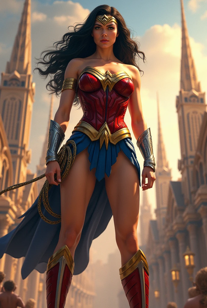 Transport Wonder Woman to a Victorian-era steampunk universe, blending historical elements with advanced rendering techniques to create a unique and visually rich composition.