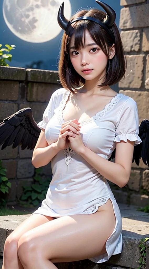 Mikasa, 19 year old young woman, as an angel, Best quality, High resolution, Short hair, Black eyes, look at viewer, angel wings, beautiful, black strap around the neck, naked to visible nipples, bound by Iron chain from neck to body, Highest quality, high resolution