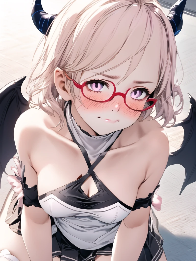 masterpiece, best quality, 1girl, solo, adult, silver hair, short hair, wearing glasses, earrings, pink eyes, detailed face, black crop top, large breasts, no panties, thigh, stocking, nsfw, arm belt, infront of viewer, empty look, succubus, thighs clamp the man's penis