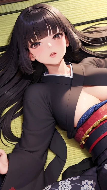 (huge breasts), bare shoulder, ((masterpiece)), ((best quality)), cute girl, long hair, Japanese dress, standing lying forward, underwear