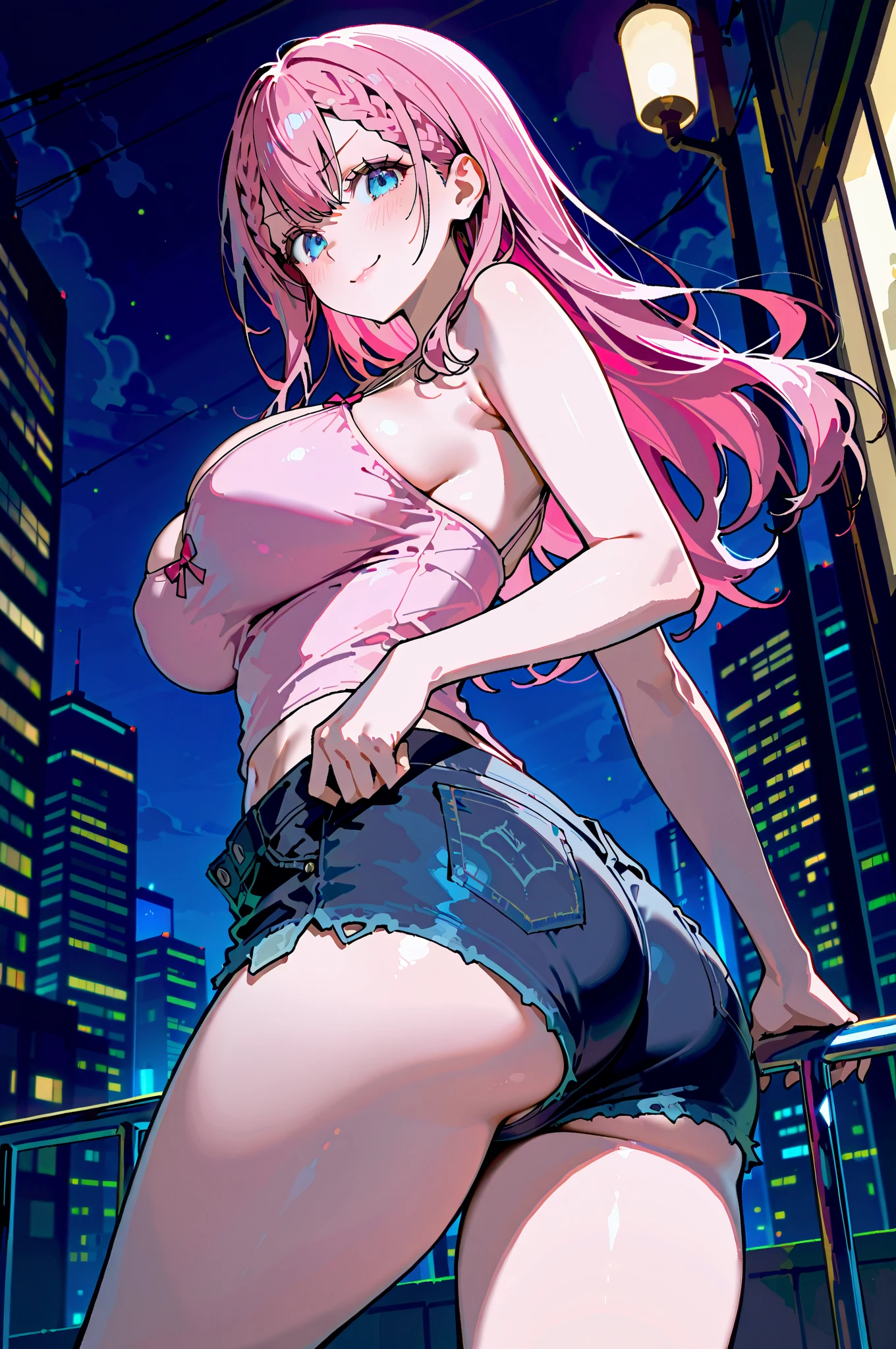 (masterpiece, best quality, ultra-detailed, 8k wallpaper, photorealistic), 1 girl, curvaceous but slender body, big breasts, printed colorful micro bikini top, fleece jacket, shorts, thighhighs, bangles, choker, twintails, backpack, city streets, street lights, late night