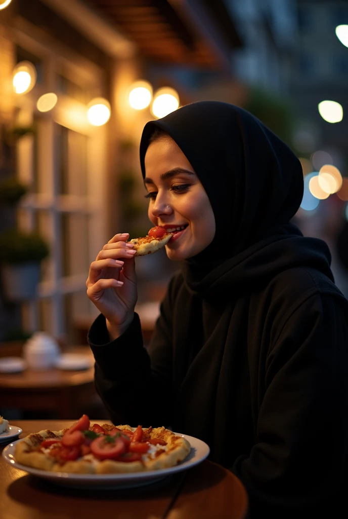 generate a fat black woman with a hijab and a bbl and big hoops and long nails eating pork