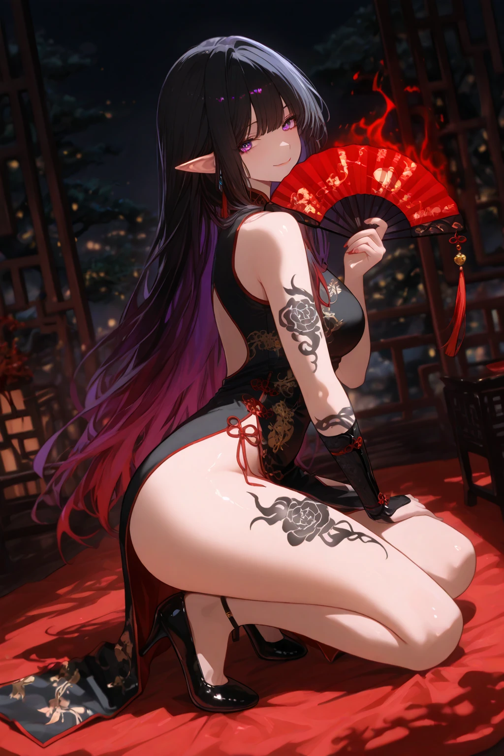 (((hu tao))), (((hu tao Genshin Impact))), top-quality, masterpiece, best quality, detailed, (((teenage girl))), ((highly detailed beautiful face)), delicate girl, delicate face, delicious, vulnerable, embarrassed, shy, blush, Eyes red, ((flower-shaped pupils)), long brown hair, glossy lips, ((thin)), nice hips, flat belly, slim waist, define collarbone, (((small breasts))), black coconut hat, ((black lace panties)), panties, ((black sofisticate detailed stocking)), choker, ((black lace lingerie)), (((red flowers on lingerie))), sexy pose, (((she is crouching with her back straight))), cinematic shadow, chinese lantern atmosphere, ((cute little ghost))