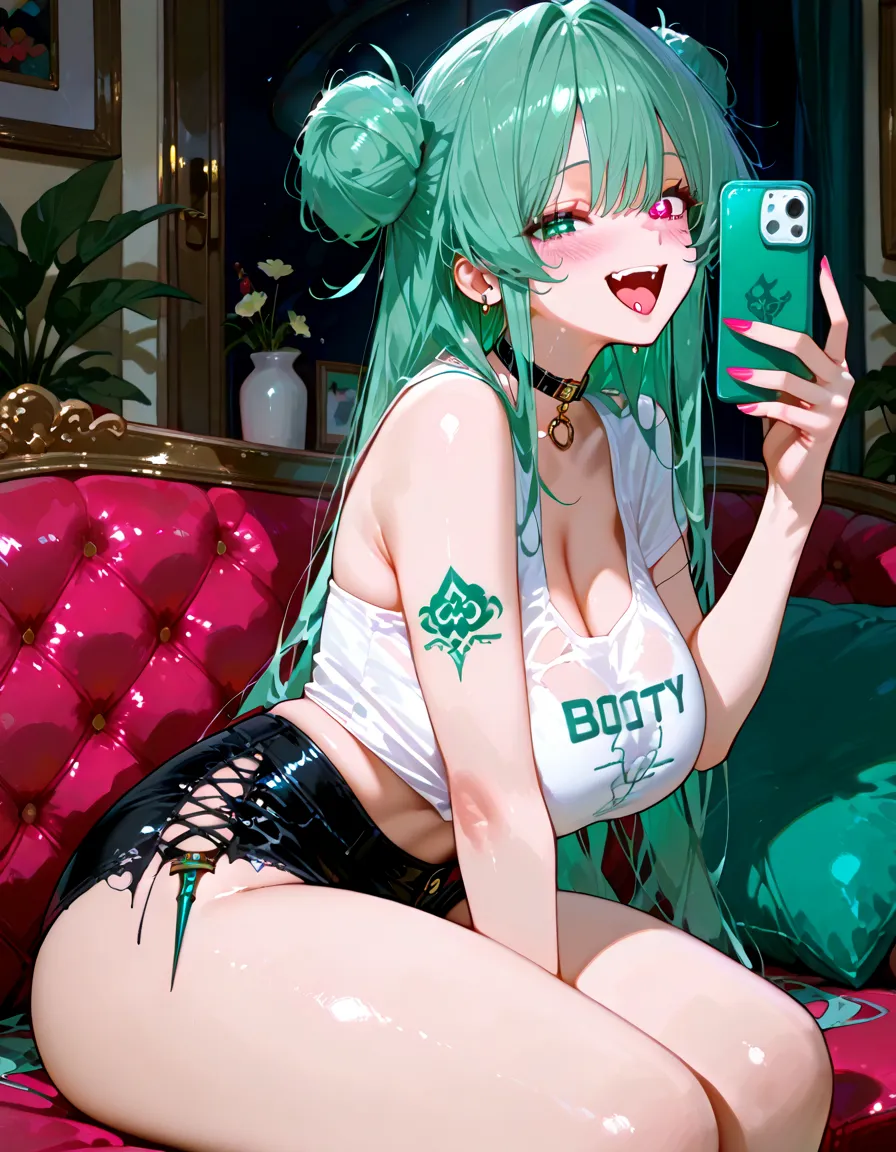 (masterpiece), (highest quality), (illustration), (super detailed), (high resolution), absurdity, 1girl, hatsune miku, vocaloid,seductive smile,blush,criss-cross halter,patterned string bikini,bathroom,yokozuwari,looking at viewer,bimbo,cleavage,hair ribbons,star necklace,cowboy shot,taking a selfie,wet