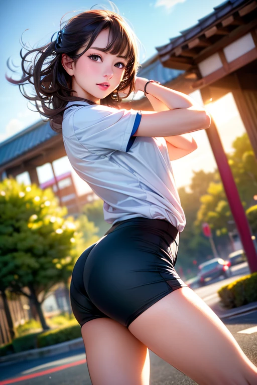 very cute and beautiful girl,(highly detailed beautiful face),(smile:1.2),happy,looking at viewer, (japanese ladies gym uniform),(blue bloomers),standing,(looking back,from behind),(leaning forward),detailed legs,locker room in training gym,black hair,hair band, (best quality,masterpiece),absurdres,highres,ultra-detailed,extremely detailed,32k,8k resolution, intricate details,cinematic scene,detailed background,solo,dynamic angle,