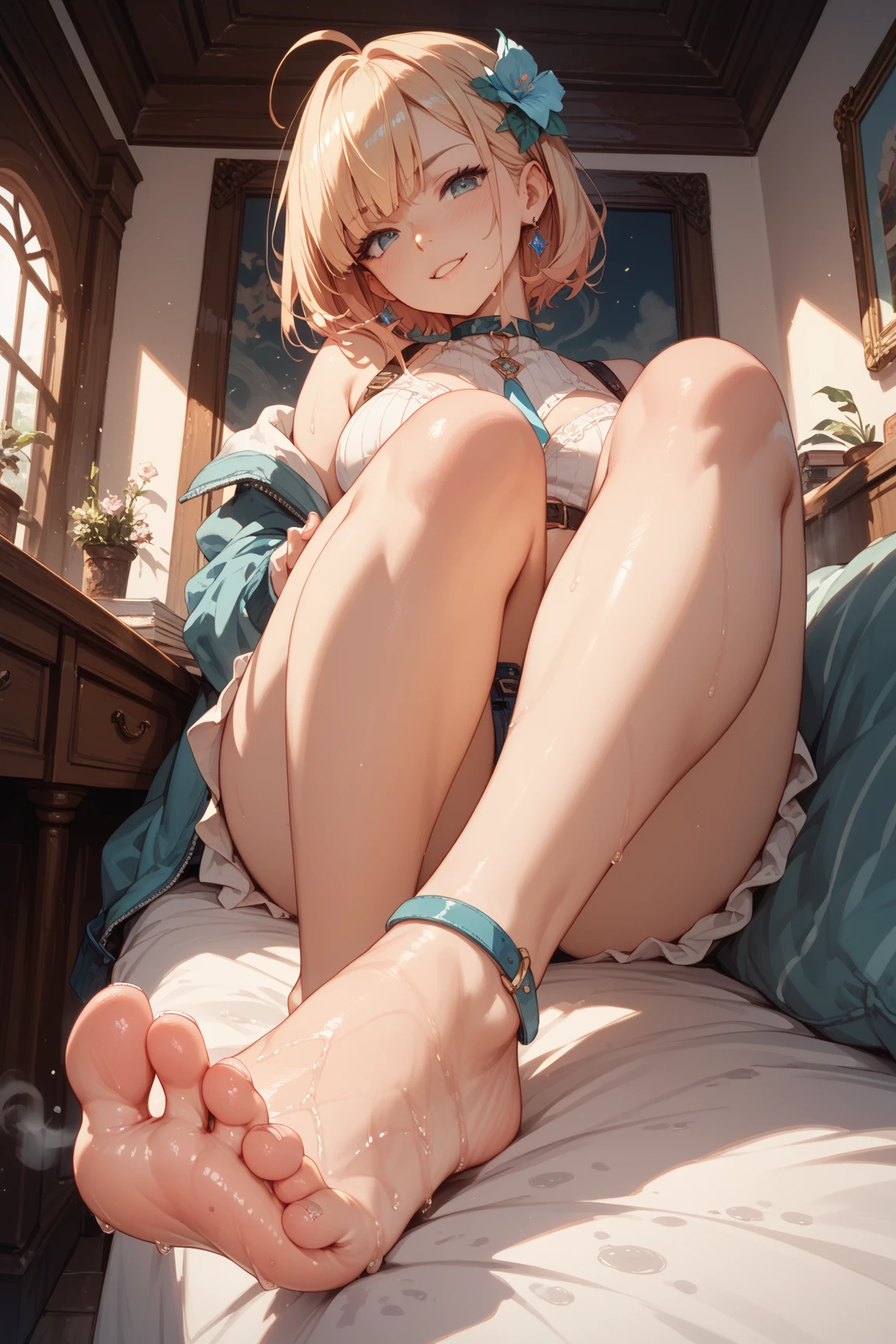 1lady,solo,cute,leg up,barefoot,foot focus,foot up,on the bed,sitting a bed,low angle,soles