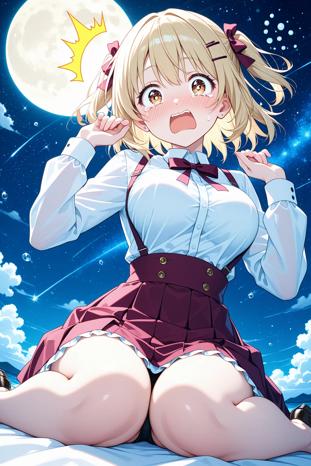 Highest quality, masterpiece, Ultra-high resolution, One girl,

Smooth blonde hair with dark roots Two-tone hair Blonde bob cut Slanted eyes Red eyes Crimson eyes Sparkling eyes drawn in detail Tanned skin Brown skin Chocolate skin Traditional sailor suit Dark green sailor suit White socks Loafers Low angle Perfect proportions Standing with arms crossed Confident expression Eyes drawn in detail Somewhere in space A shooting star Close-up of the crotch Provocative perspective