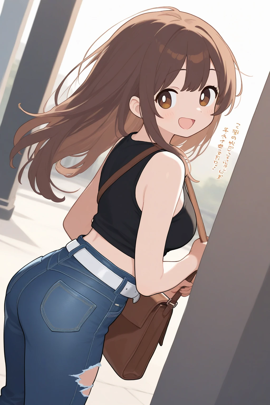(masterpiece, best quality, detailed) ,1girl, solo, breasts, (brown hair:1.2), cleavage, jewelry, bracelet, yellow eyes,sumeragi lee noriega,blue jeans walking down the street,cute anime girl, pretty anime girl, smooth anime cg art, beautiful anime girl, attractive anime girl, ecchi anime style, seductive anime girl,eyes detailed,teasing smile, clean detailed anime art,high resolution, (perfect hands, perfect anatomy),