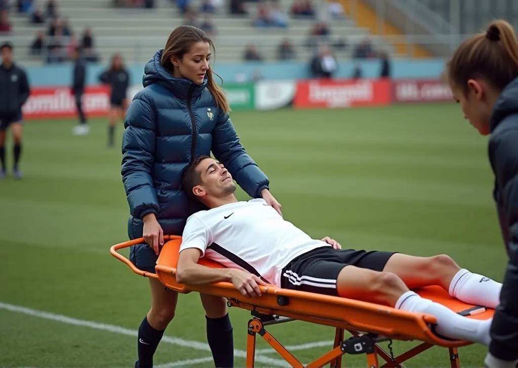 an excessively madeup teenage girl in a laquered coat, a passionately shouting teenage-girl in a laquered coat, there is a sportsman in white shorts and a white t-shirt lying injured on a stretcher, there is an injured sportsman who is covering his face on a stretcher, an injured sportsman is covering his face with his hands, an injured sportsman is writhing in ecstasy on a stretcher, dramatic pity pose, there is a latino woman in a high-shine puffy coat, a high-shine black down coat, a long black moncler coat, a wetlook down coat, a wet black laquered coat, a latino wife is wearing a wetlook black uniform, injured, medic, very professional, soccer action pose, affection pose, lecherous action pose, dramatic action pose, theatralic pose, there is an attractive woman that is carrying a skinny man, there is a beautiful woman in a shiny coat who is carrying a blond man on a wetlook orange stretcher, a longhaired beautiful woman in a high-shine black puffy coat, a longhaired woman in a shiny downcoat, a woman is carrying a shorthaired man who is wearing shorts and a t-shirt, a weak man in spots shorts is consciousless and needs to be carried, a shorthaired man with closed eyes is carried on a stretcher by a longhaired woman, a woman looks very scared and terrified, a consciousless man with closed eyes is suffering very much and has a very painful face, photo, photo shoot, photographed , accident, help, aid, first aid, pity