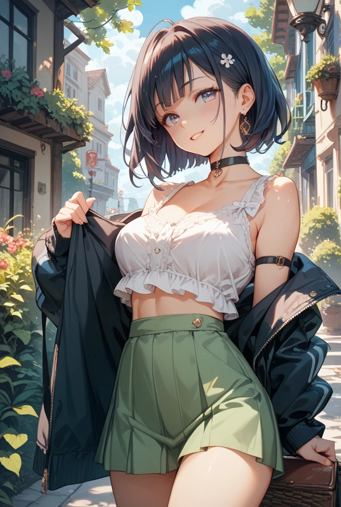 absurdres, RAW photo, extremely delicate and beautiful, masterpiece, Best Quality, ultra high resolution, 32k, hyperrealistic, ultra-detailed, in her 20s, delicate facial features, beautiful detailed girl, tearful mole, earring, medium breasts, full body shot, shorter middle hair, black hair, Joggers Shorts, bare shoulder,