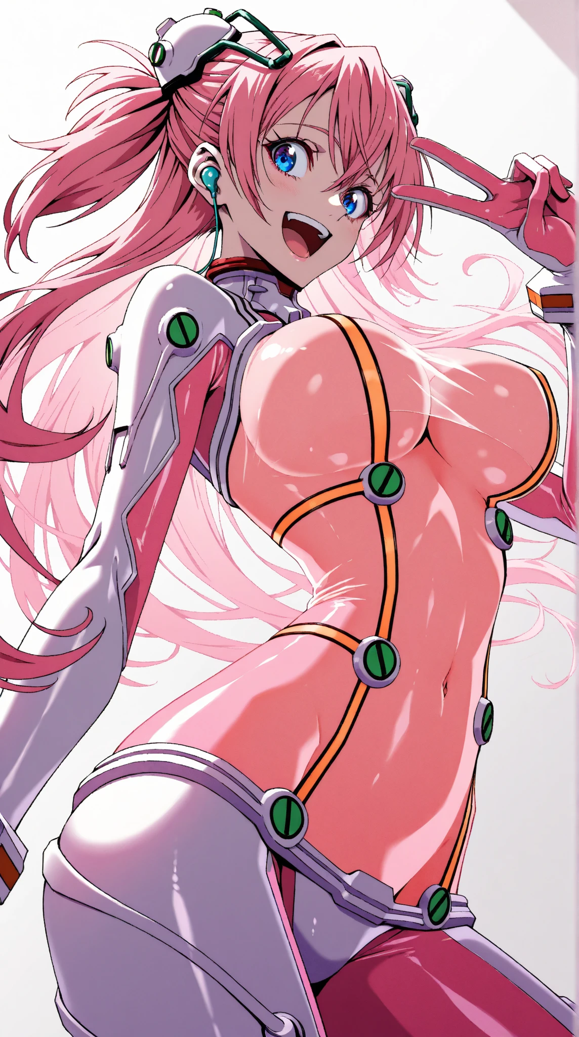 (masterpiece, best quality, ultra-detailed, highres, illustration:0.8), extremely detailed wallpaper, official art, amazing, high detail, ultra-detailed, extremely detailed 8k wallpaper,closed full body, bright pink hair, green eyes with slit pupils, (white background: 1.3), (1girl, solo),(bodysuit),sexy,perfect anatomy,beautiful face, looking down,