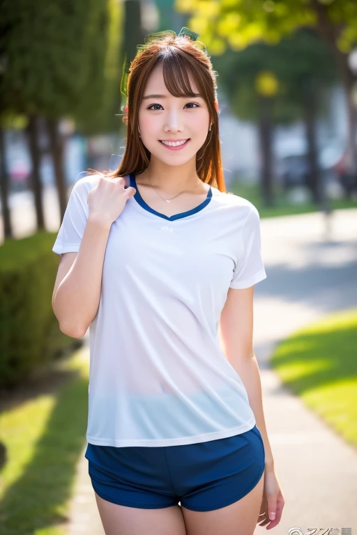 (masterpiece, Highest quality:1.4), Award-winning portraits, 8K, 85mm, alone, Beautiful Face, Delicate girl,  (On the grass), Sophisticated, cute, 15 years old, RAW Photos, Confused, High resolution, Sharp focus, Background Blur、(((Flat Chest 、thin and delicate body、Childish atmosphere)))、shiny semi-long hair、ponytail、I have a small mole on my left cheek、 Dark brown eyes、Hair swaying in the wind、sexy、flexible legs、Simple gym wear without text、Knee Shot、Smile shyly、Shot from below、Are sleeping