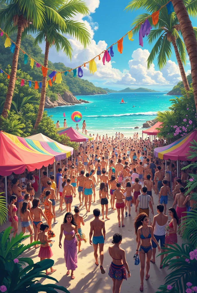 A shopkeeper is colouring peoples clothes and there's a long lines of people who wanted to coloured their clothes too, all activities is Infront of beach 🏖️ people should wear bikini 