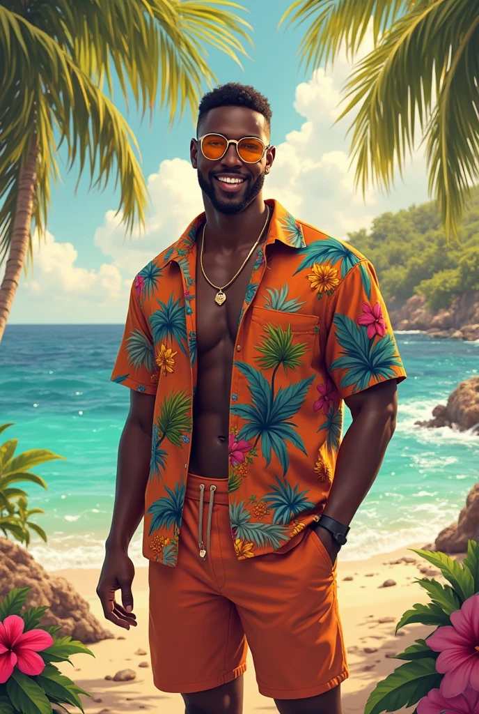 masterpiece, best quality, high resolution, realistic, from below, from the side, looking down, looking at the audience, medium closeup, a shirtless gay man in a hat standing in front of a tropical tree, miami, 1boy, big pectorals, solo, bara, muscular, large, hat, abs, sky, clouds, outdoors, (tattoo: 1.2), daytime, tree, earrings, male focus, muscular male, beard, from below, very short hair, looking at the viewer, cloudy sky, upper body, palm tree, dark skin, Indian supermodel