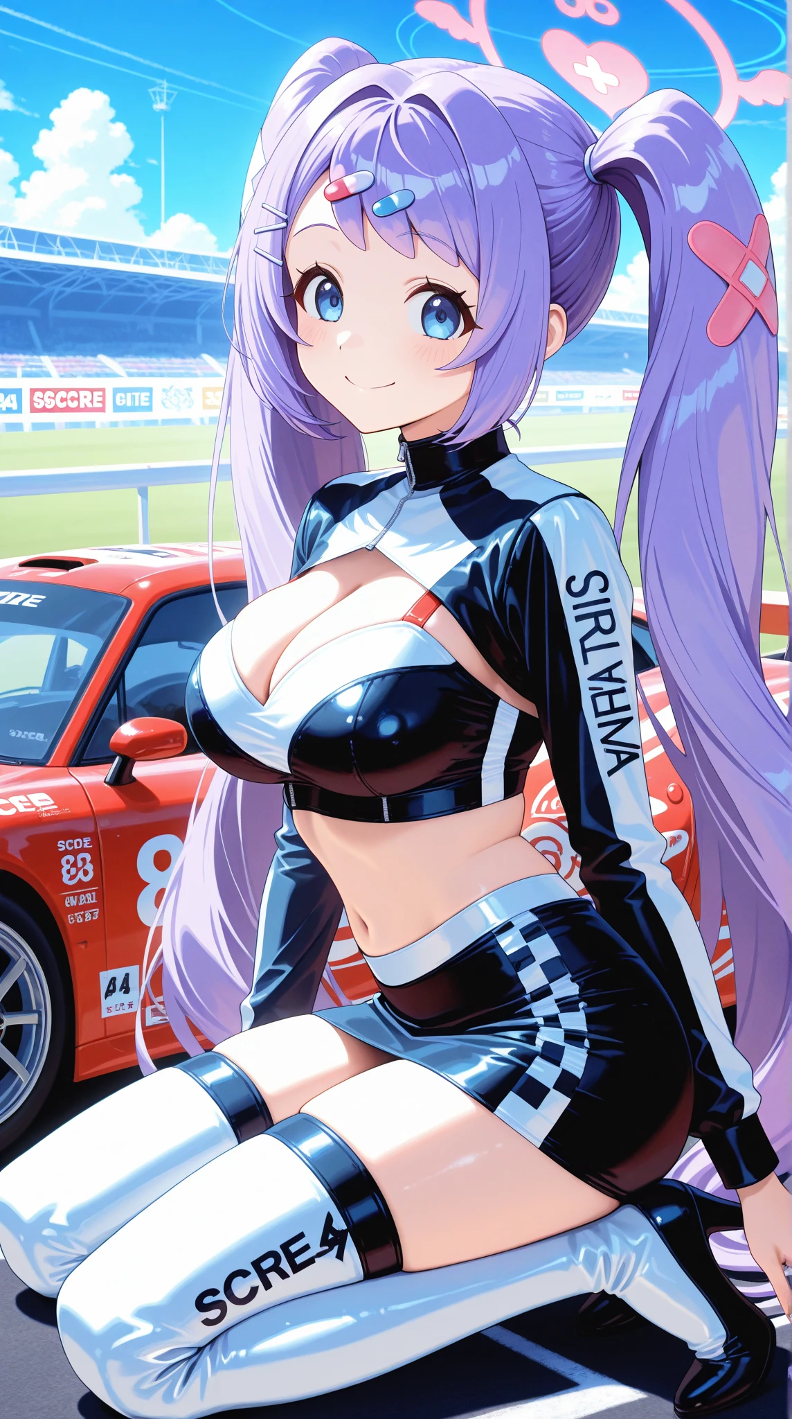 ((best quality)), ((masterpiece)), (detailed), perfect face, ((Best quality, 8k, Masterpiece: 1.3)), Sharp focus A beautiful woman with perfect body, Slim abdomen, Highly detailed face and skin texture, Detailed eyes, Double eyelid, smile, purple hair, earrings, Race queen, FI circuit, background (FI car), Race Queen Costume