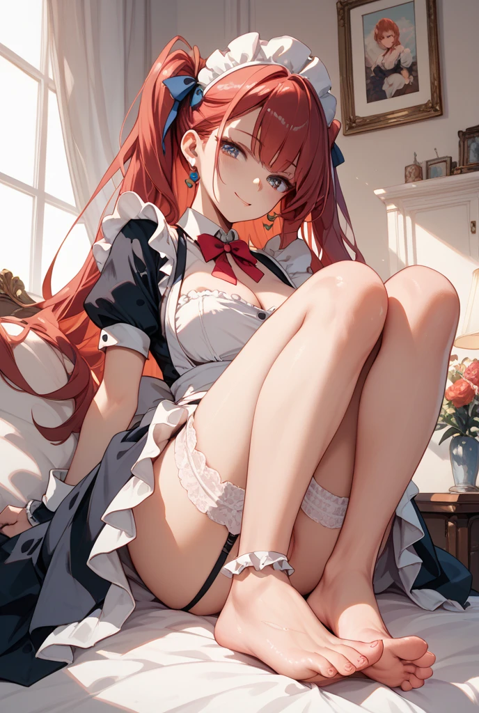 crouching down、opens legs、M-shaped legs、Maid Cosplay、1girl in、((glowy skin))、((cum on chest))、Opening legs、Thin panties、looking at the viewers、face to viewer、Ruined restroom、red hairs