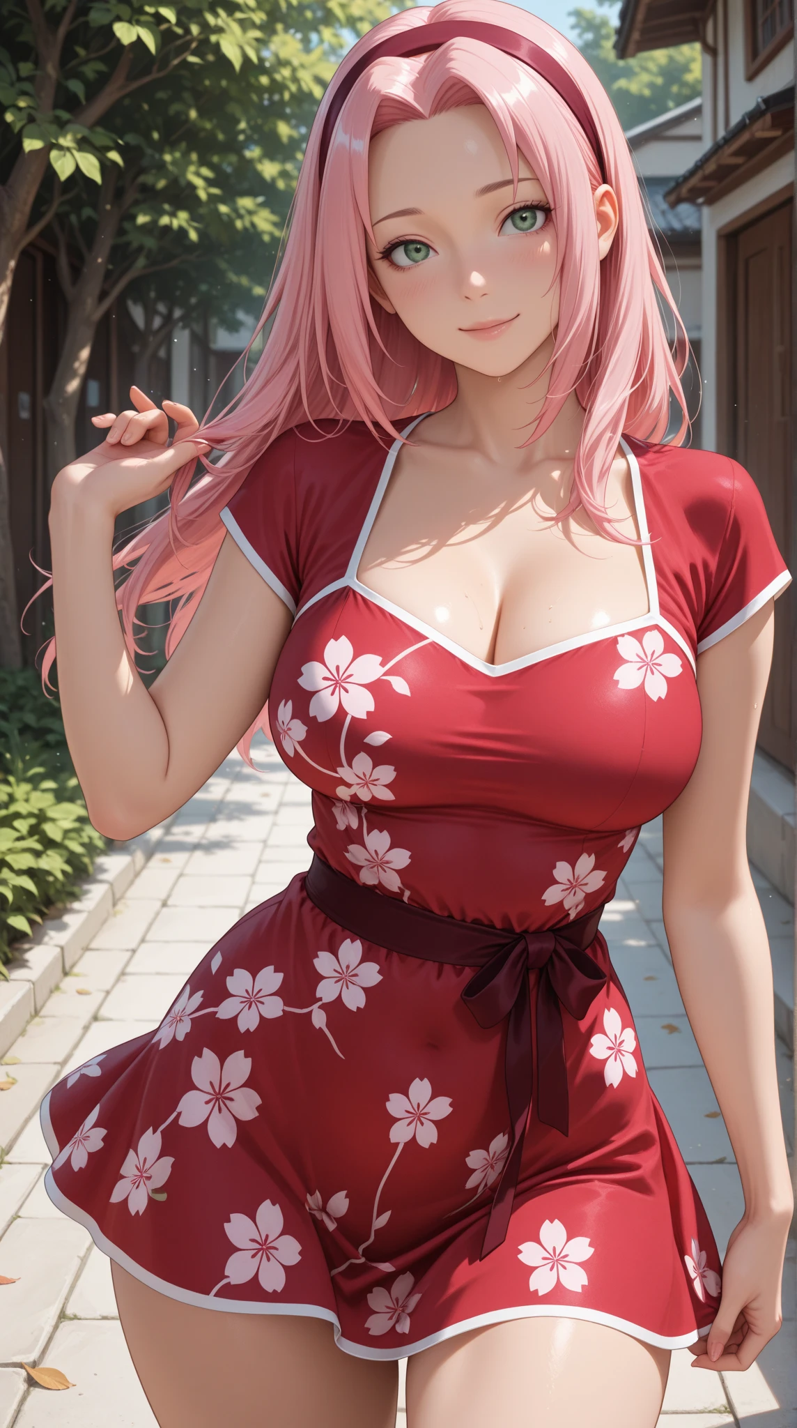Super detailed, ((One personの少女)), (Pale skin:1.4), Pastel colored gal, (Heavy makeup), (Professional Lighting) Super detailed, Absurd, 8K, Beautiful Face, (Laugh shyly), ((Teasing Smile:1.8)), ((Wink:1.7)), (Laugh with your mouth wide open),((Tilt your face:1.6)), View your audience, ((Bright red cheeks:1.6)),Glossy Red Lips, ((Big Breasts:1.6)),  ((Take off:1.2)), noon, Shrine festival sexpensives, ((Eat candy apple sticks)), ((Anime style background)),masterpiece, Highest quality, so beautiful,up to date, Complex details, (Pink long nails), (nail art), (ring),(bracelet), (Floral Choker),AI-generated, Complex,High resolution, Highest quality, super high quality,3D Images、3D Images,One person,Pastel pink long hair,(High Ponytail), (Wavy Hair:1.3), Pastel colored anime woman posing for a photo, ((fine grain、blue eyes、Glowing Eyes:1.4)), (Squint your eyes:1.1), (one eye closed:1.4), a hyperRealistic , hyperRealistic , Realistic,Anime woman with long pastel pink hair, Smooth anime CG art, A girl wearing a gorgeous kimono in pastel colors, ((Pastel-colored furisode)),(Pink large floral pattern), (Side bust),  Long flower hair ornament,Floral Earrings, Mature Body, expensive,Tight waist,((From the side)), ((Leaning forward:1.2)),