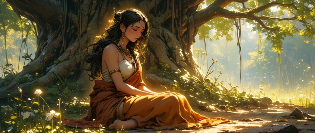 women sitting under the tree doing meditation in yoga style, hyperealistic, portait photography, 8k rendering, hinduism, wearing rudrakhs on his neck