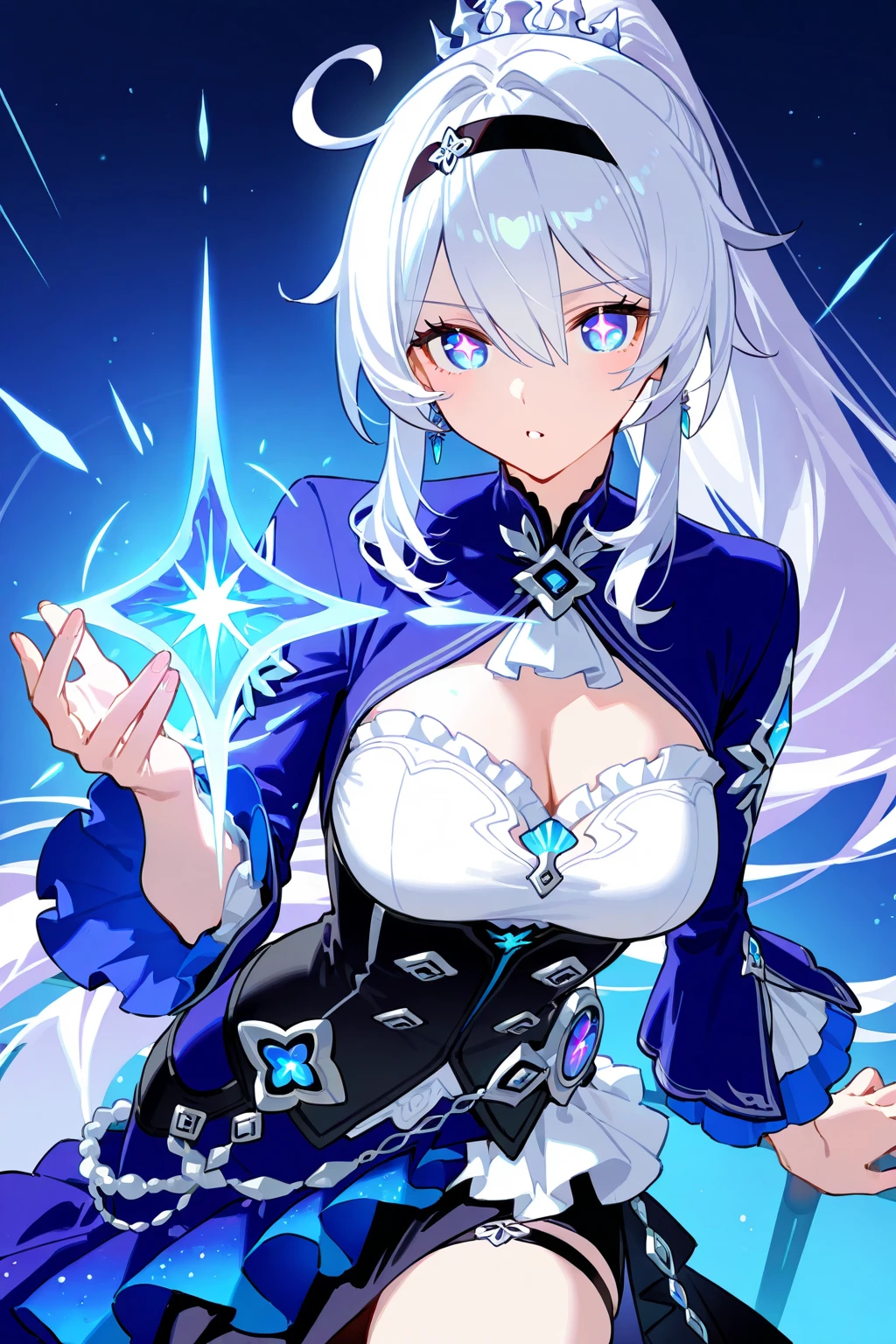 Anime girl with long blue hair and a sword in her hand, ice wizard, portrait knight of the zodiac girl, white haired god, Frozen blue skin, anime goddess, the truth of the matter, white turquoise, Beautiful seductive anime woman, RIMURU tempest, full body xianxia, Detailed main animation art, knight of the zodiac girl, HD artwork