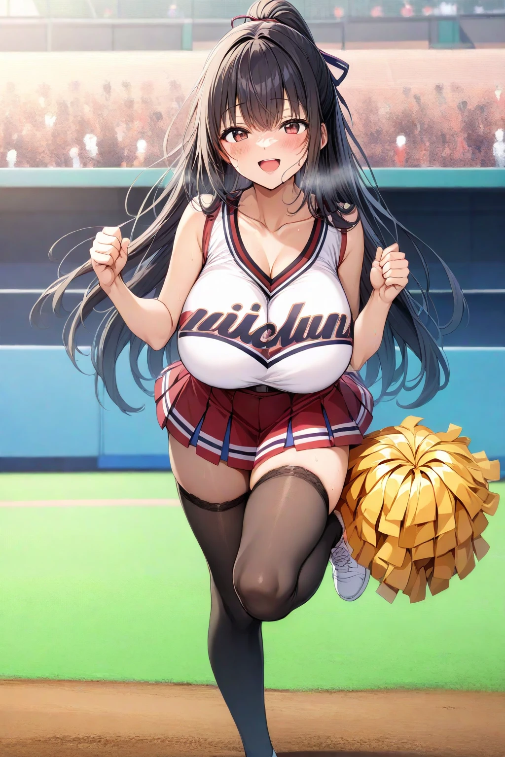 yor briar, 1girl, backlighting, bare shoulders, black hair, breasts, huge breasts, huge ass, huge thighs, narrow waist, wide hips, thick thighs, curvy, cleavage, closed mouth, earrings, floating hair, f gold earrings, gold hairband, hair flower, hair ornament, hairband,  long hair, looking at viewer, hands in the air, jumping, pompoms, cheerleader, cheerleader outfit, mini skirt, exposed midriff, underboob, bouncing breasts, collar,blushing,sweating, (breathing hard), (panting), anime, farm, smile, red eyes,  short hair with long locks, sidelocks, solo, ((masterpiece))