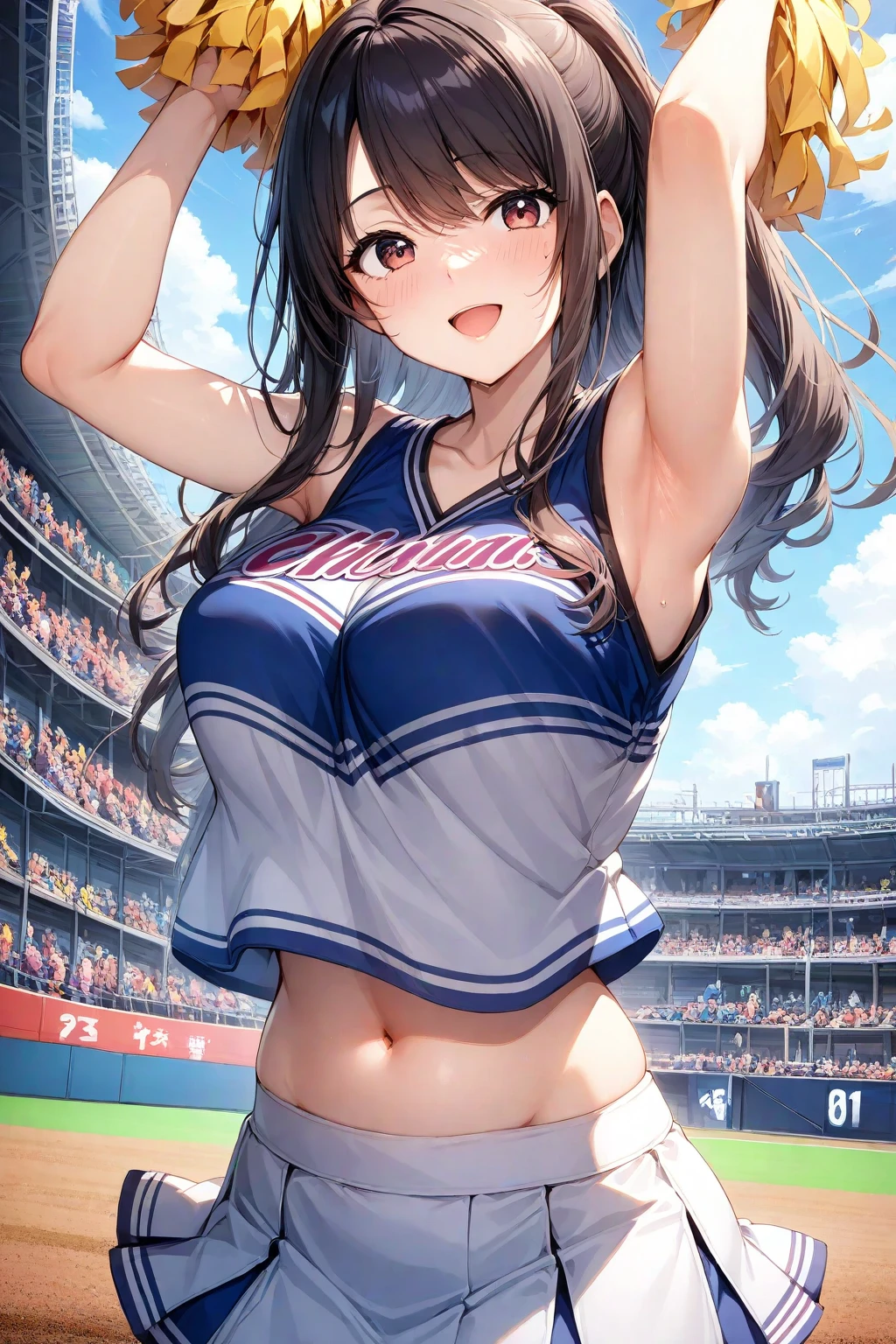 ((Highest quality))、((masterpiece))、(detailed)、((Anatomically correct))、One Woman、aldult、(look at me)、whole body、Low - Angle、(Ultra-glossy skin with attention to detail:1.1)、Glowing Skin、bangs、Semi-long hair、Shiny black hair、ponytail、(Beautiful Eyes:1.3)、Slim figure、medium breasts、cheer leading、(Underboob:1.3)、pom-pom、baseball Ground