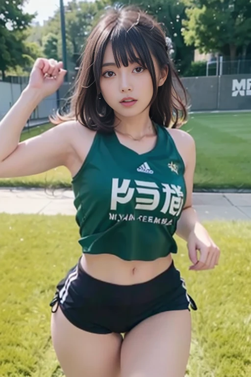 Upper Body, ((show off nipple)), at the track and field stadium, japanese lady, pale skin, droopy eyes, 20 year old, bowl cut hair, ((green Tracksuit)), ((standing)), high quality:1.3, shoot from below 2.0, Professional lighting:2.0 realistic:1.2, 4k resolution, detailed skin, masterpiece:1.1