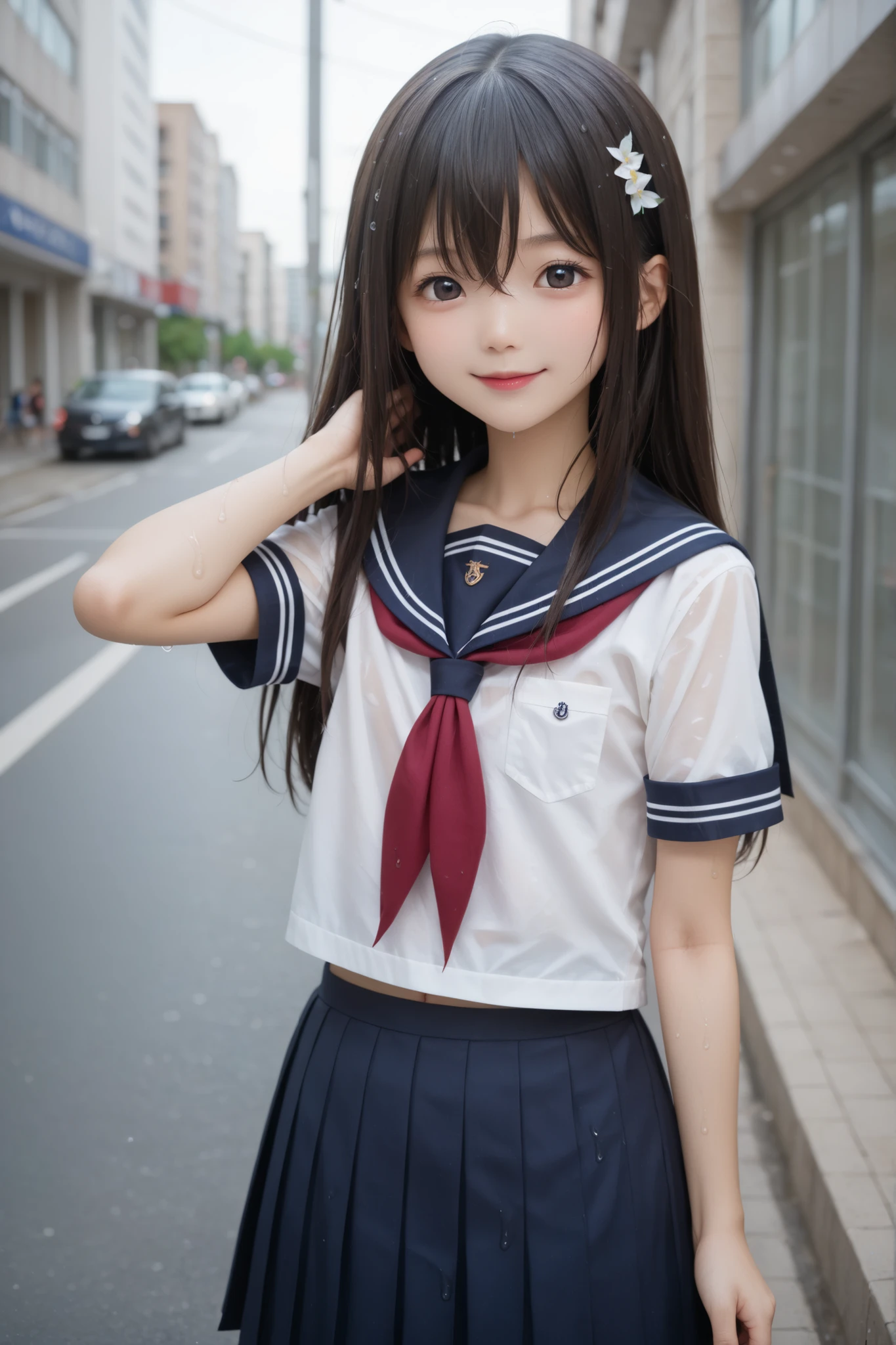 (masterpiece, highest quality:1.2), 8k, official art, RAW photo, incredibly absurd, ( sailor suit, serafuku:1.4), amazing beautiful girl, amazingly cute face, (navy pleated skirt:1.1), close, school uniform, short sleeve, gardenia, violaces, teen, street, looking at the viewer with a smile, no makeup, film grain, chromatic aberration, sharp focus, face light, dynamic lighting, cinematic lighting, detailed eyes and face,short hair、 background bokeh、super slim thighs、((Erotic Panties are showing through、beautiful pussy line:1.1))、(High twin tails with ribbons:1.4),,(((A child with an extremely cute young face:1.35))), 、(very young  with big breasts:1.2)