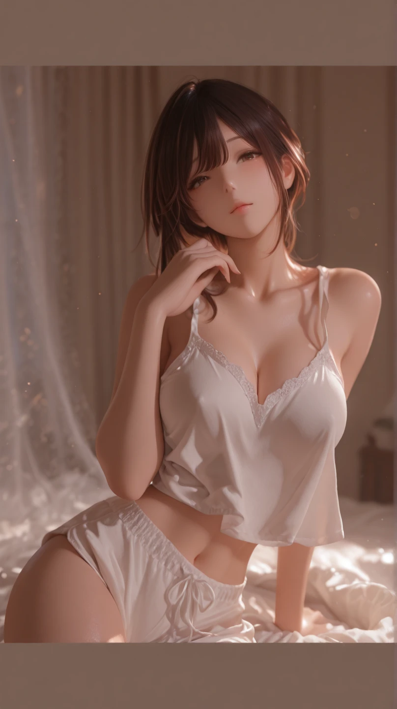 ((best quality)) ((best quality)), ((masterpiece)), (detailed), 4k image, anime style, beautiful woman, fair caramel skin, symmetrical face, cherry pink plump lips, blood red eyes, African looks, fit athletic body, supple thighs, small breasts, toned slender body, slim waist, short height, sleek hair tied in a messy bun, sleek reddish-brown hair, wide hips, phoenix eyes, small nose, heart-shaped butt, loose knee-length white off-shoulder sleepwear negligee, red bra strap visible slightly, men's boxer underwear sneak peek under silky nightdress, one girl only, full body image, back to the wall, one girl only, brown skin, posing while sleeping innocently on the bed, sheer stockings