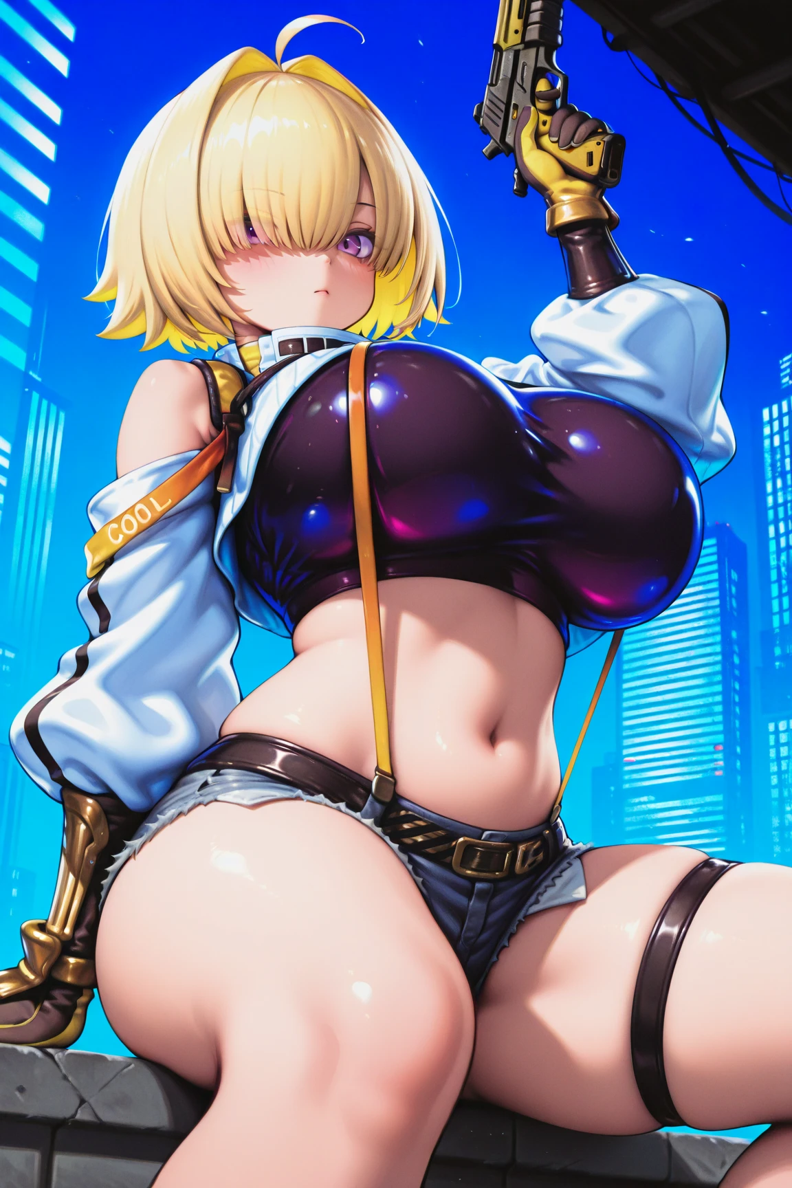((best quality)), ((masterpiece)), (detailed), 1girl, 8k_wallpaper, extremely detailed eyes, (large masterpiece digital art), (intricate details:1.3 ), (ultra-detailed:1.3), (sharp focus:1.3), (natural lighting:1.05), (vivid colors:1.3), (best quality:1.4), high quality, expressive cold cruel eyes, portrait, detailed face with cold cruel features, ((blonde hair)), (gold eyes), {{dark skin}}, ({dark skinned female}), big breasts, huge chest, outlines of nipples under clothing, powerful strong and prominent muscles of the abdomen and legs, powerful arm muscles, a hard serious look, a predatory half-smile, she is wearing an open blue coat with gold shoulder straps with rolled up sleeves, a red tight shirt, short denim mini shorts, short Victorian style boots, she sits on a white armchair in the middle of a wide open veranda with modern Chinese furniture and interior against the background of a view of the night city, in the style of cyberpunk and fantasy,