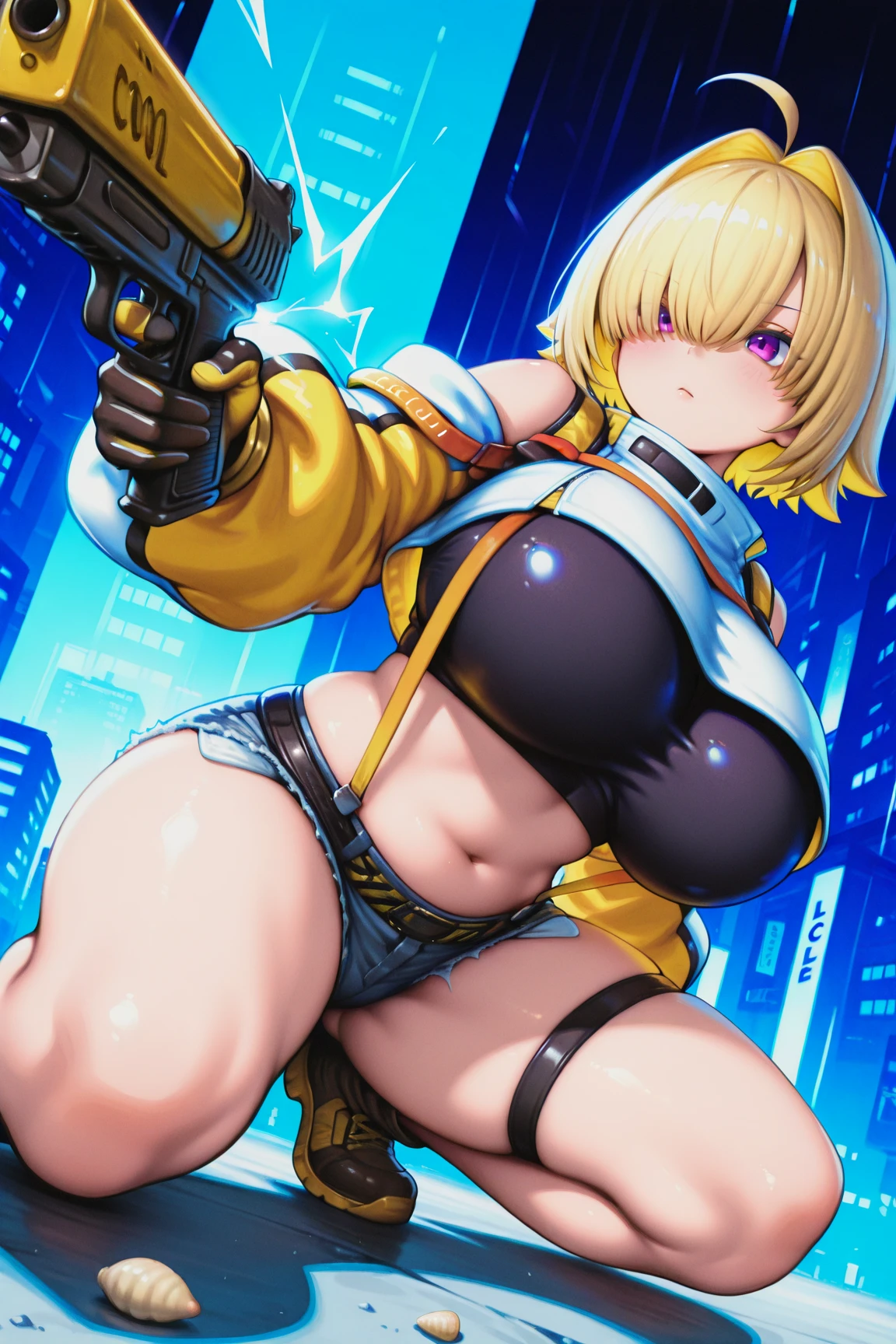 (dynamic pose:1.5), (foreshortening:1.6), (head fully in frame:1.3), (beautiful face:1.5), (cowboy shot:1.3), looking at viewer, beautiful eyes, (curvy:1.3), (large breasts:1.3), (wide hips:1.2), narrow waist, (abs), rizdraws, thick lineart, (film grain:1.2), (semi-traditional artstyle:1.3),, and18, 1girl, android 18, solo, blonde hair, blue eyes, short hair, earrings, jewelry, denim vest, open vest, black pantyhose, black shirt, denim skirt, striped long sleeves, blue skirt, large breasts, (testing facility:1.4), (yellow-red markings:1.3), inside, high ceiling, ceiling lights, tiled, modern, (large room:1.5), electricy cables on the floor:1.2),