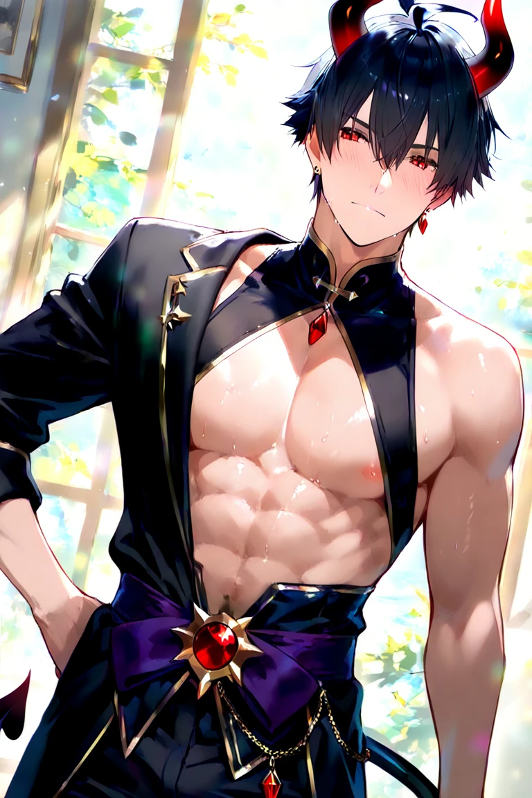 absurdres, highres, ultra detailed, HDR, master piece, best quality, Eiden, brown hair, expressive brown eyes, Nu Carnival, solo, sexy man, handsome, horny, lewd, demon, horns, black leather clothes, red cape, accessories, showing the chest, red sky, red moon, red trees, red spider lilies, fantasy, dark magic, magical