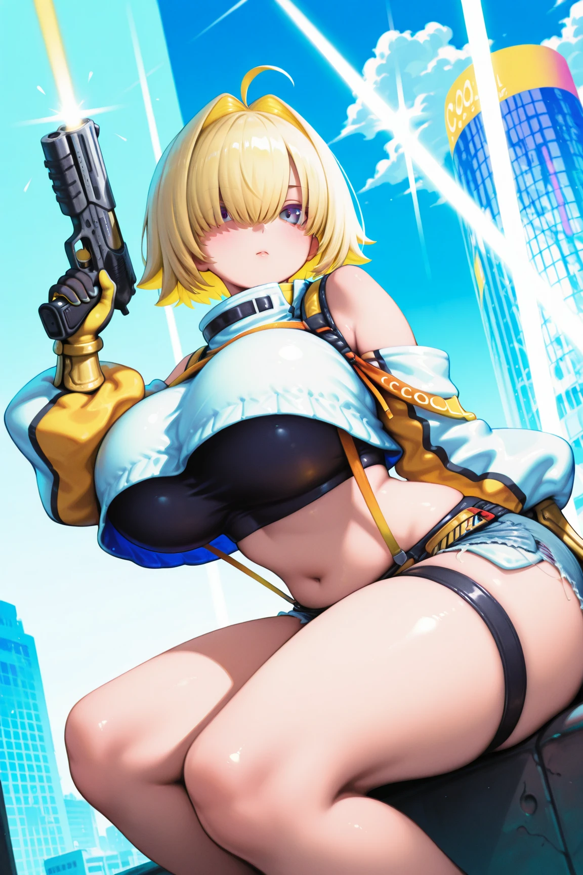 1girl, tomboy, breasts, large breasts, wide hips, blonde hair, beach, futuristic, tech, science-fiction, machinery, smile, smirk, smug, bikini, white bikini, neon, neon trim, blue eyes, very short hair, short hair, pixie cut