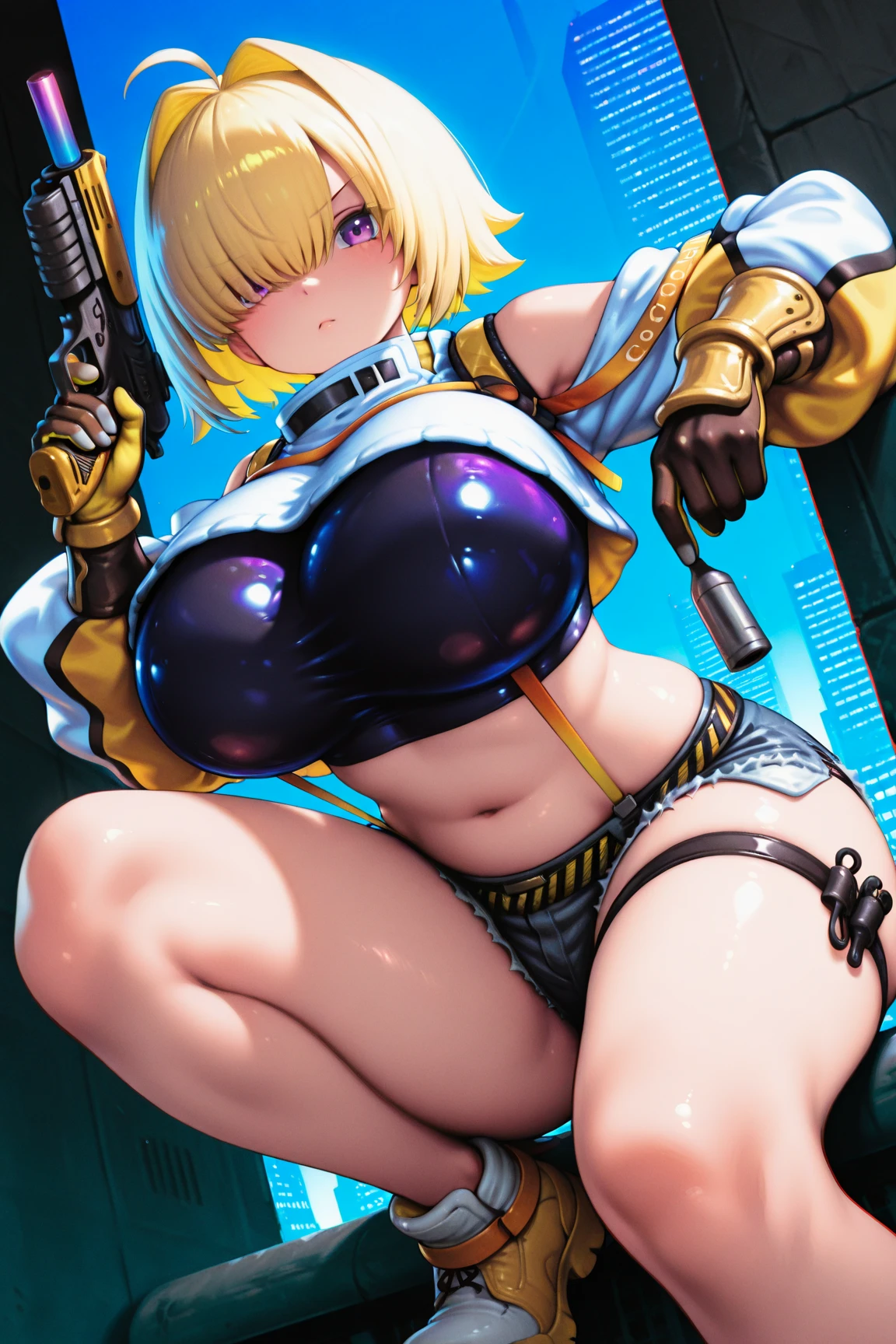 ((best quality)), ((masterpiece)), (detailed), 1girl, 8k_wallpaper, extremely detailed eyes, extremely detailed body, (large masterpiece digital art), ((perfect anatomy huge chest)), (intricate details:1.3 ), (ultra-detailed:1.3), (sharp focus:1.3), (natural lighting:1.05), (best quality:1.4), high quality, expressive eyes, full body, tall girl, detailed face, beautiful face, perfect face, detailed ((blonde hair)), (gold eyes), ({dark skinned female}), gigantic breasts, thick thighs, strong arm and leg muscles, strong abdominal muscles, Korean women, wearing a modern short black cloth jacket with rolled up sleeves, (wearing heavy gold colored steel cyber armor), a wide red leather belt with blue steel yarn, steel boots, steel thigh guards, a walkie-talkie attached to his belt, a hiking backpack on his back, rides a motorcycle through a flower field on an unknown planet against the backdrop of distant mountains and a lilac forest, cyberpunk,