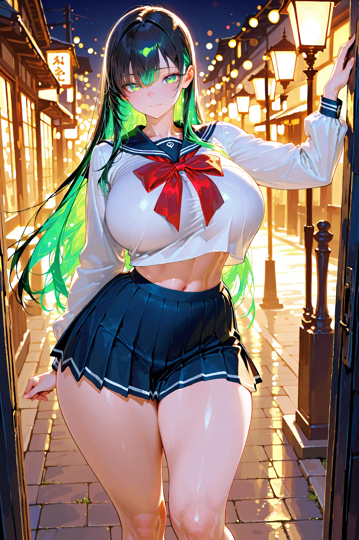 ((A pretty High School girl with green hair and blue eyes)), ((wearing the Sailor suit and the navy skirt, a wet-Transparent pantie)), baby face, ((master piece, top-quality, ultra-definition, high resolution)), anime girl, ((ultra-detailed illust:1.2)), only one person, bangs, hair between eye, beautiful hair, Beautiful eyes, shiny eyes, ((highlight in the eyes)), ((detailed eyes:1.2)), ((super gigantic breasts:1.3)), ((underboob)), ((shiny thighs)), Big smile, blushing, in the classroom, at dusk, sunset, ((rear view)), ((((leaning forward)))), ((ass focus, from behind:1.3)), ((looking back)), ((cameltoe:1.3))
