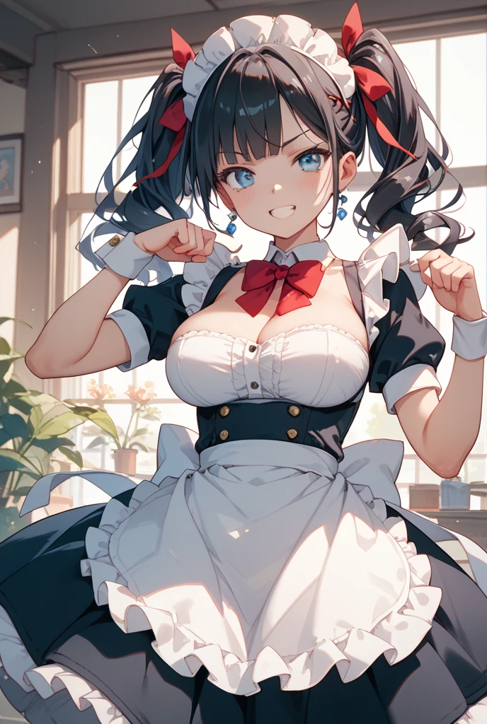 masterpiece, best quality, 1girl, white background, simple background, (maid:1.1), upper body, twintails, cat ears, looking at viewer, smiling, large breasts, standing