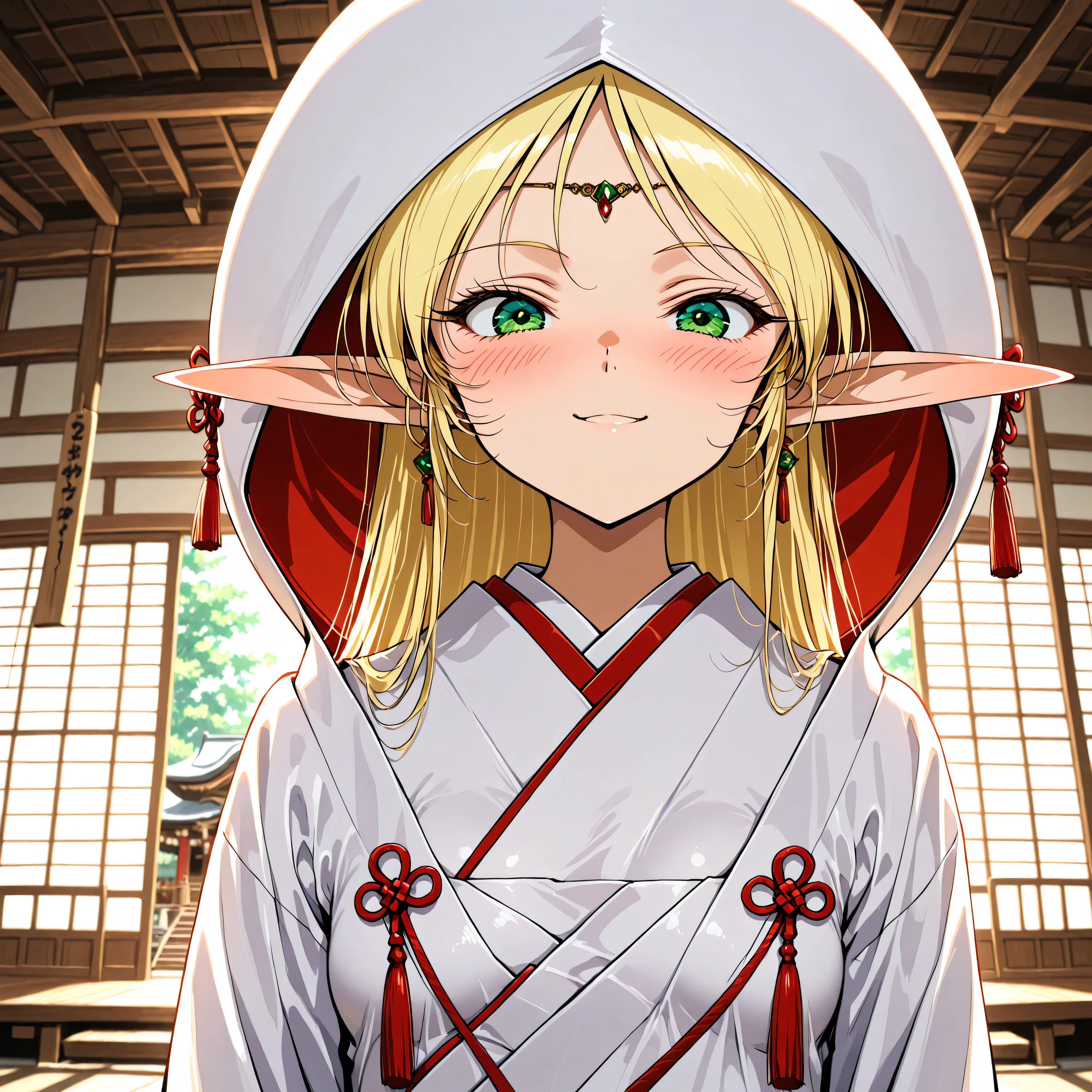 masterpiece,best quality,high score, highres, incredibly absurdres, amazing quality,8K, yuuki nobuteru artstyle,
1girl,solo, (looking at viewer), 
deedlit, pointy ears, elf, green eyes, blonde hair, small breasts, shiromuku,wataboushi,uchikake,
dynamic expression,blush,smile,
dynamic pose,
day,indoors,shrine,
