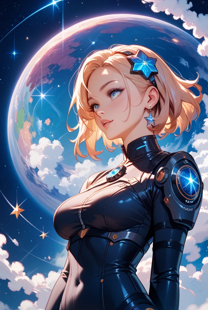 Absurd resolution, high resolution, (masterpiece: 1.4), super detailed, girl alone, from above, future, psychic powers, legend, universe, floating, blonde, petite, short hair, space-time, long boots, white and blue costume, elbow-to-elbow gloves, gentle smile, wind blowing