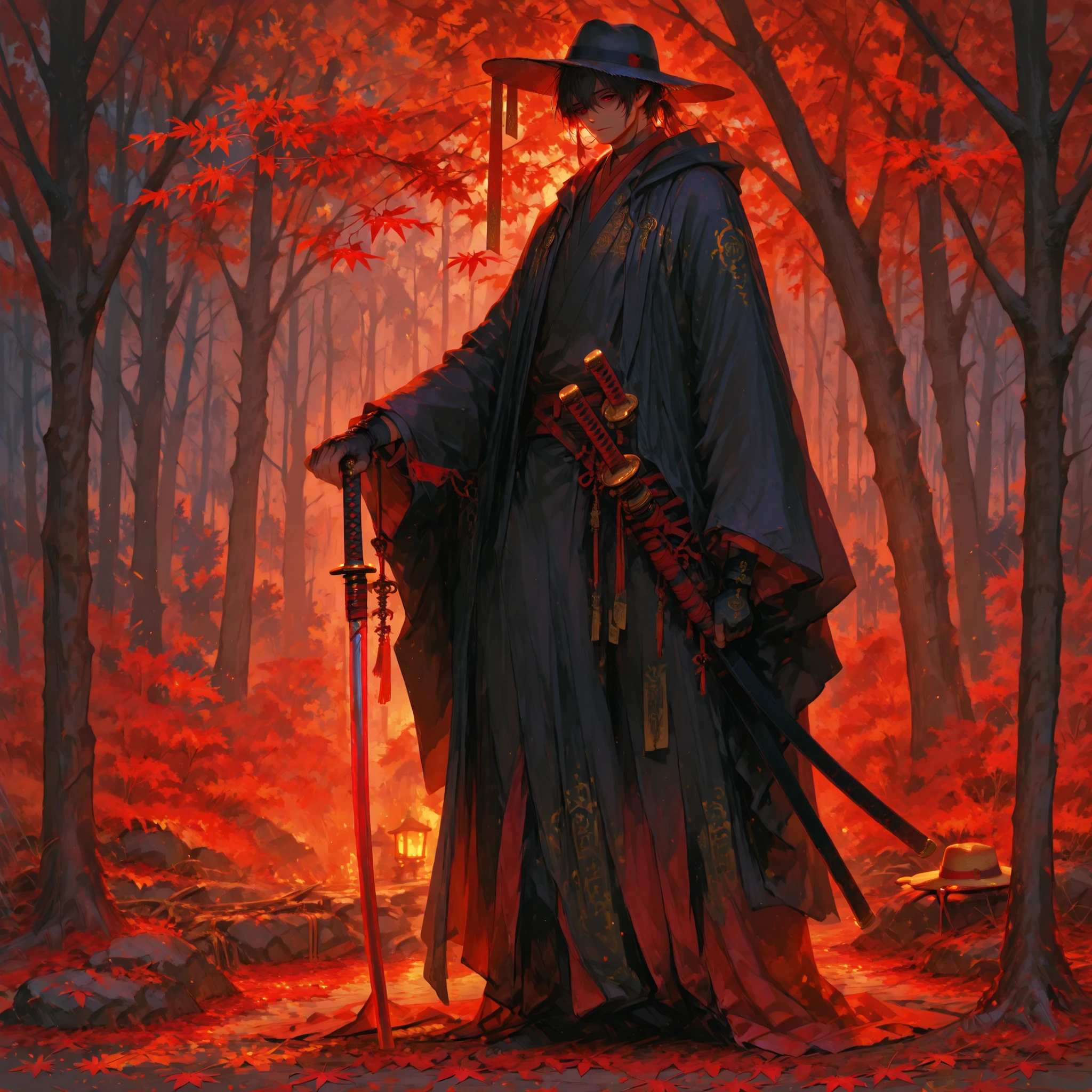 748cmstyle, Solo, 1man, Lone ronin with dark tattered robes and a long cursed katana wrapped in talismans, Worn straw hat, Standing under red autumn leaves, Haunted expression