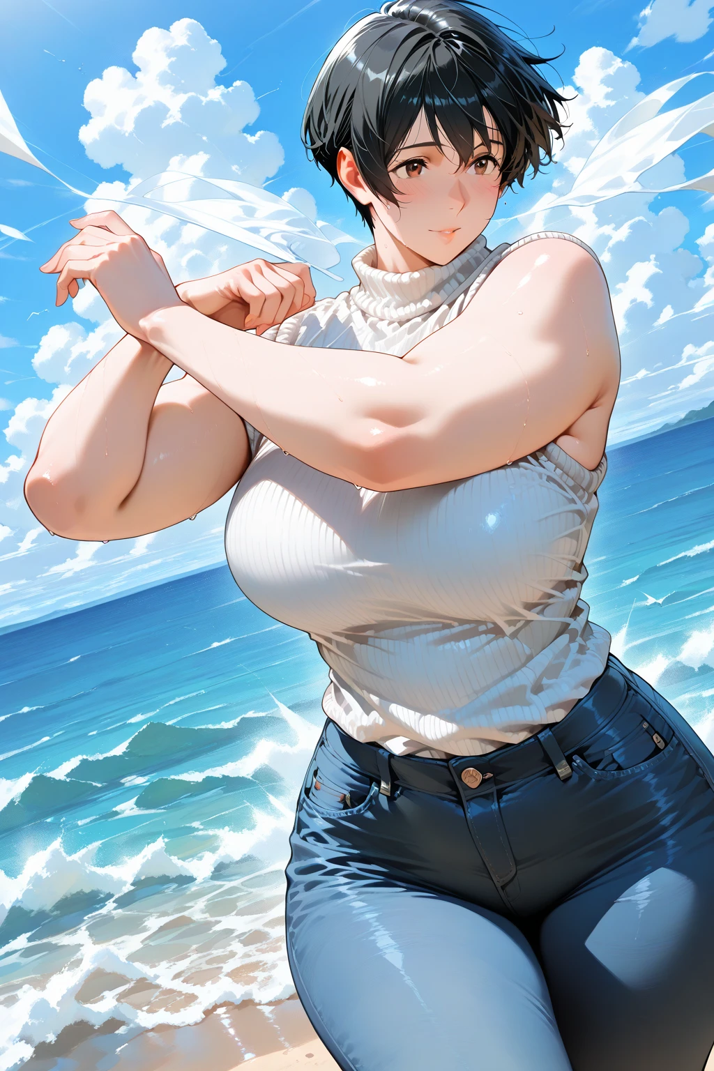masterpiece, best quality, ultra-detailed, Potrait of beautiful , (chubby) (muscular), (plump), (sexly), (cleavage), ((tomboy)), (アニメ), (Breasts), (Plump), ((very short hair)), ((Uzaki Hana)), (overweight), (Gray Hair), ((Saggy breasts)), (blue eyes), (Short Hair), (blue eyes), ((thick)), (swimsuits),